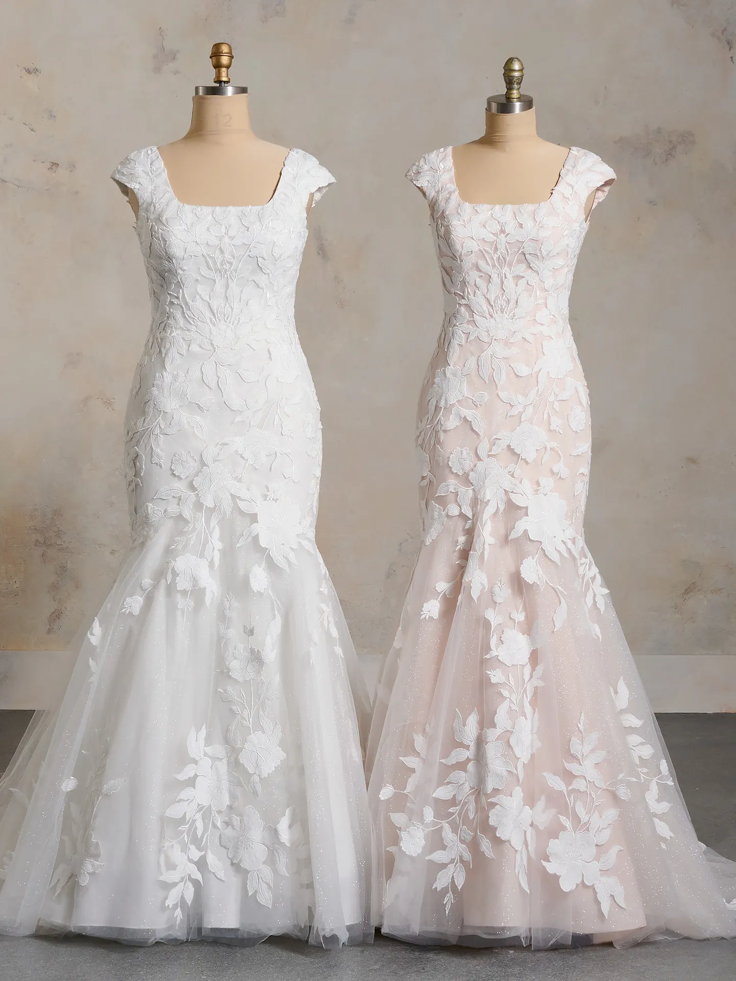 Hattie Leigh square neckline gowns with floral lace detailing front view.
