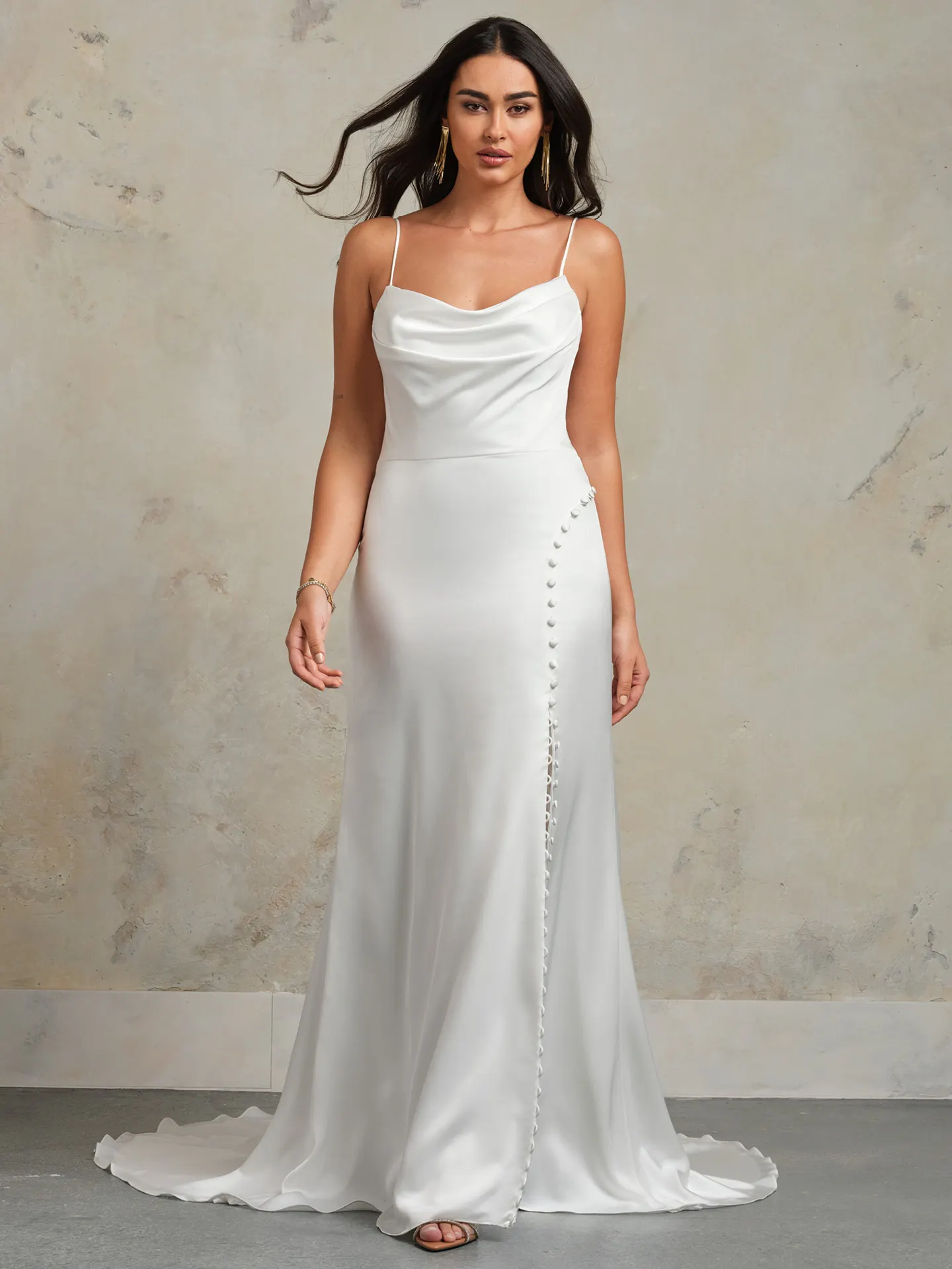Maggie Sottero bridal dress front view with cowl neck and spaghetti straps.