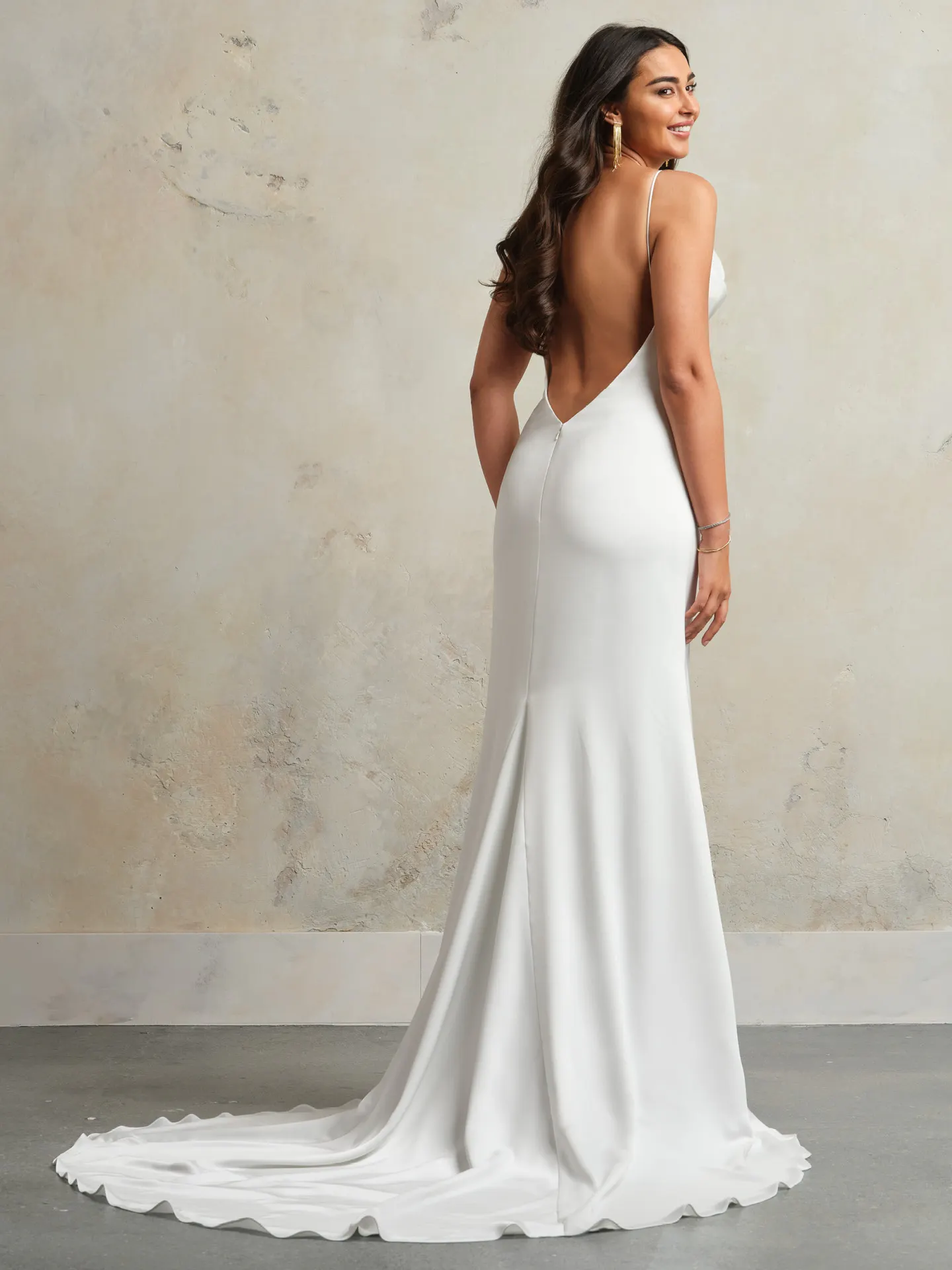 Rebecca Ingram cowl back view bridal dress with spaghetti straps