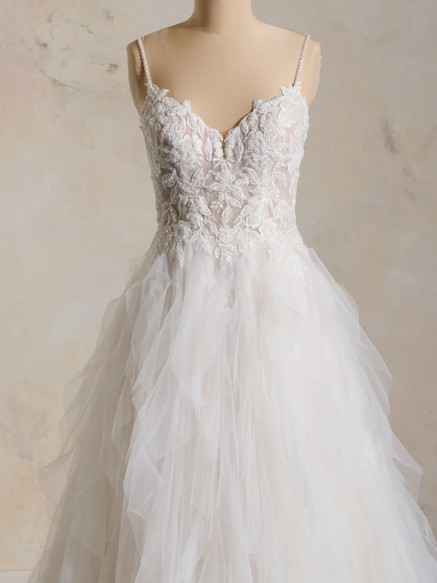 Whimsical Lucy wedding dress front view with lace bodice and tulle skirt