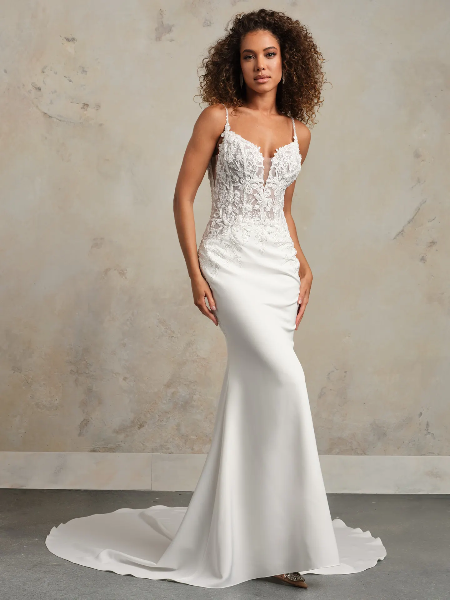 Maggie Sottero Rafi front view lace crepe mermaid wedding gown.