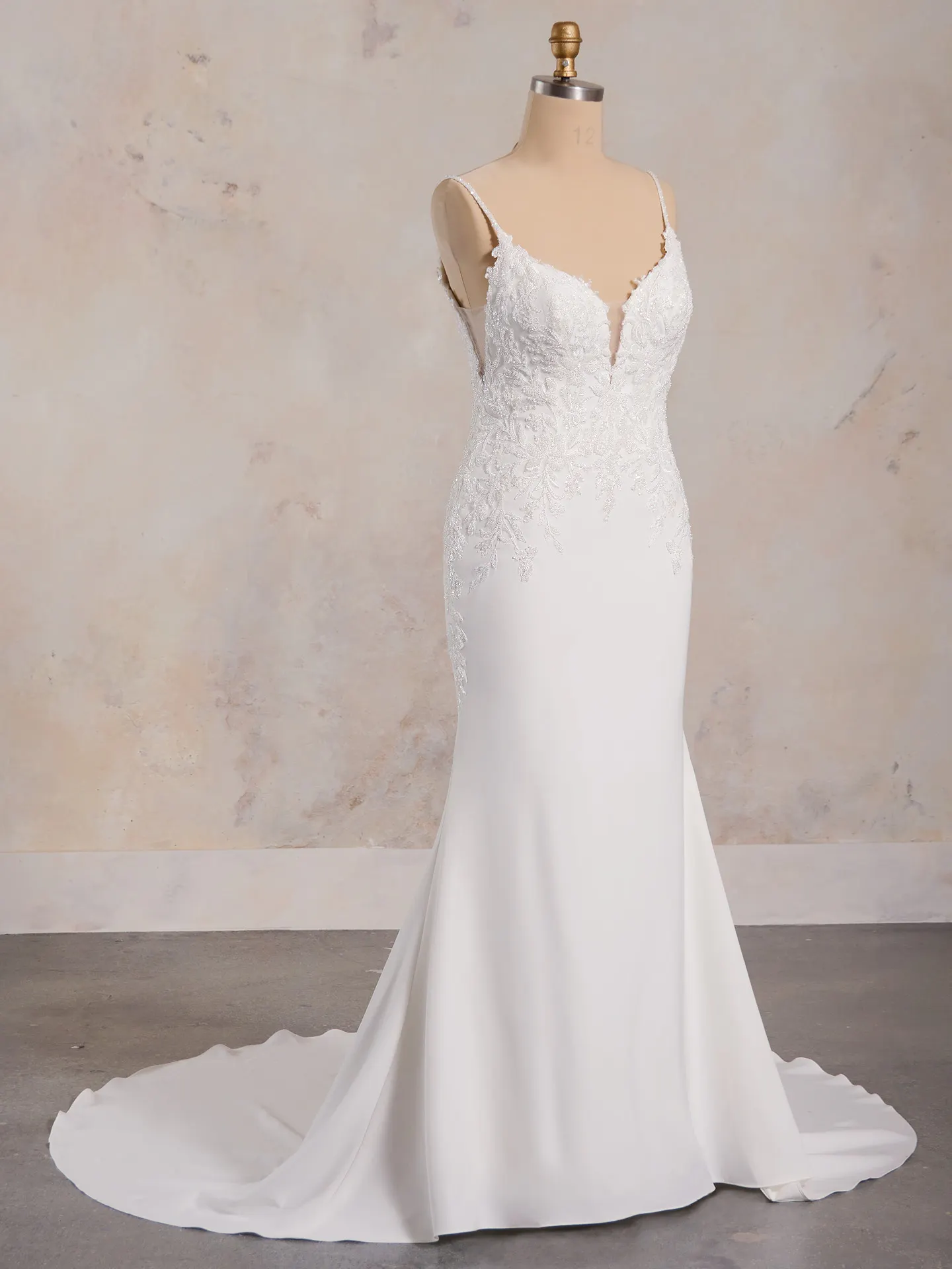Maggie Sottero Rafi crepe mermaid gown front view on mannequin