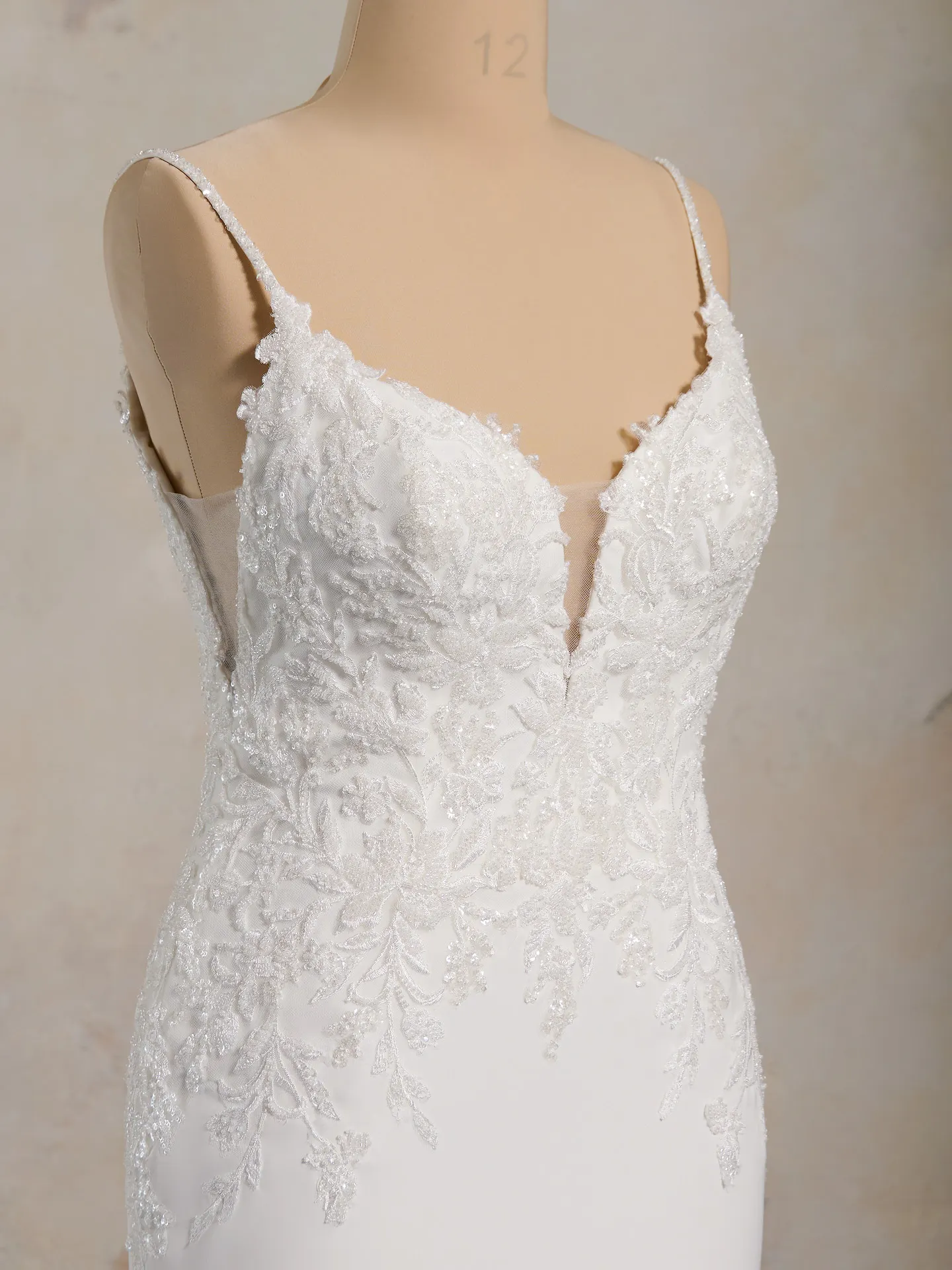 Maggie Sottero Rafi front view, lace crepe mermaid gown with spaghetti straps.