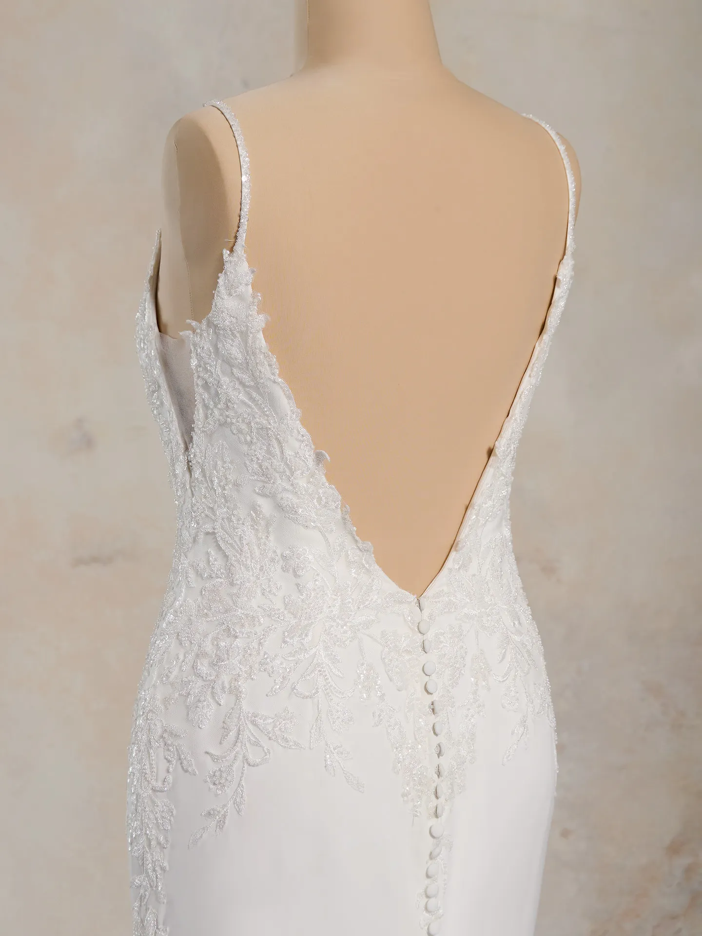 Maggie Sottero Rafi back view lace crepe mermaid gown with buttons