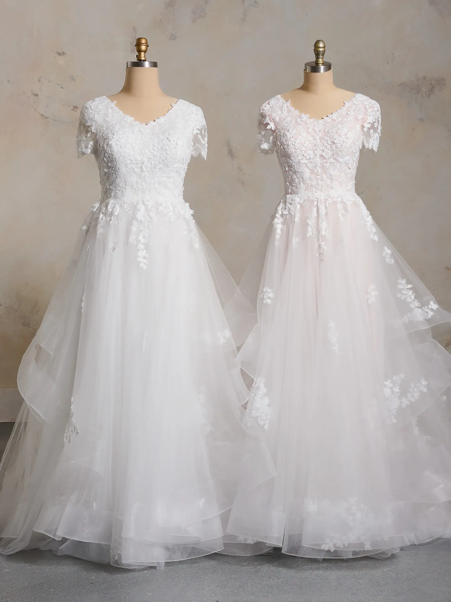 Winona Leigh ball gown front view with floral lace and tulle skirt.