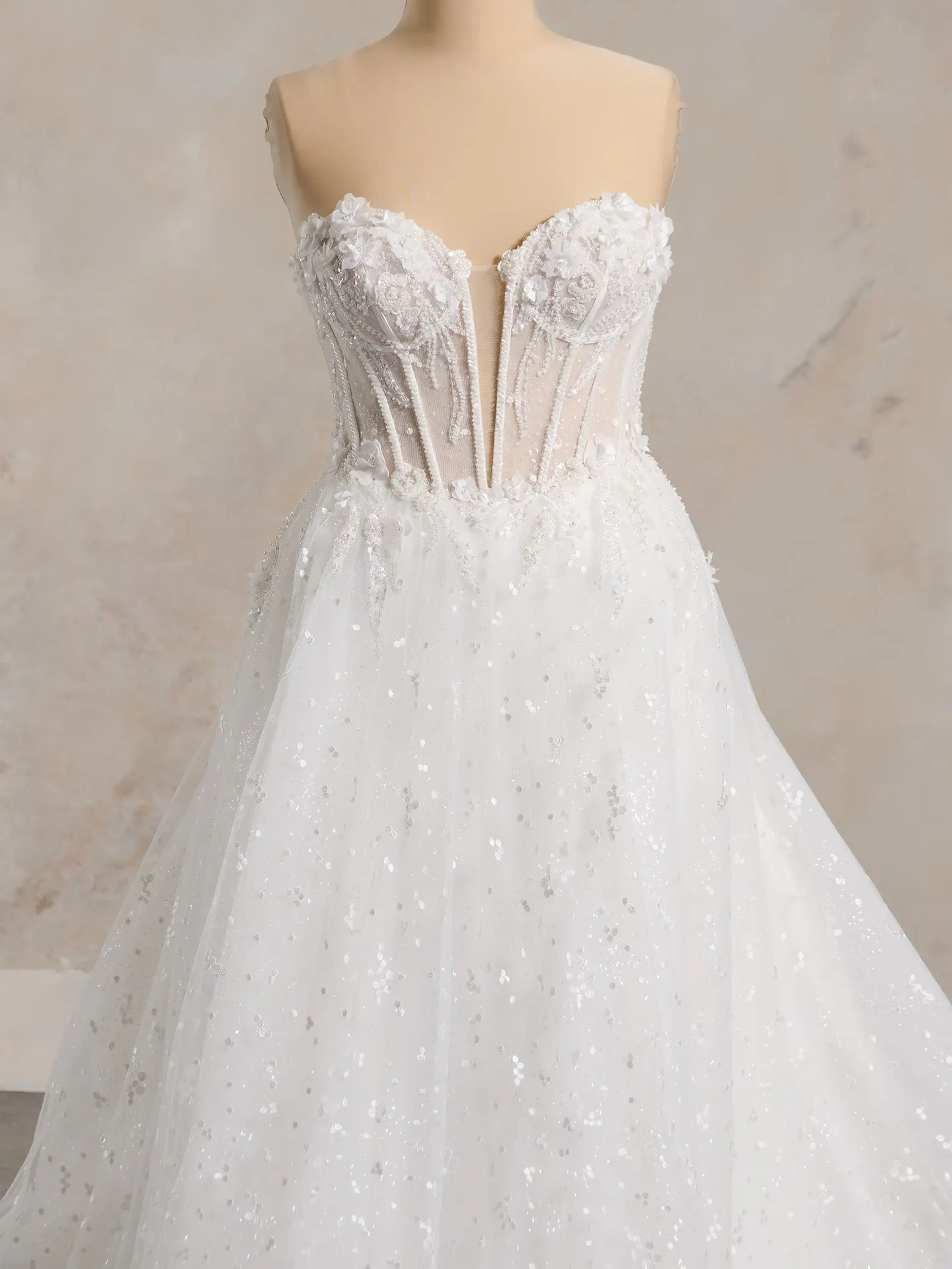 Fun Athlone front view, glitter tulle with floral accents, strapless bridal dress.