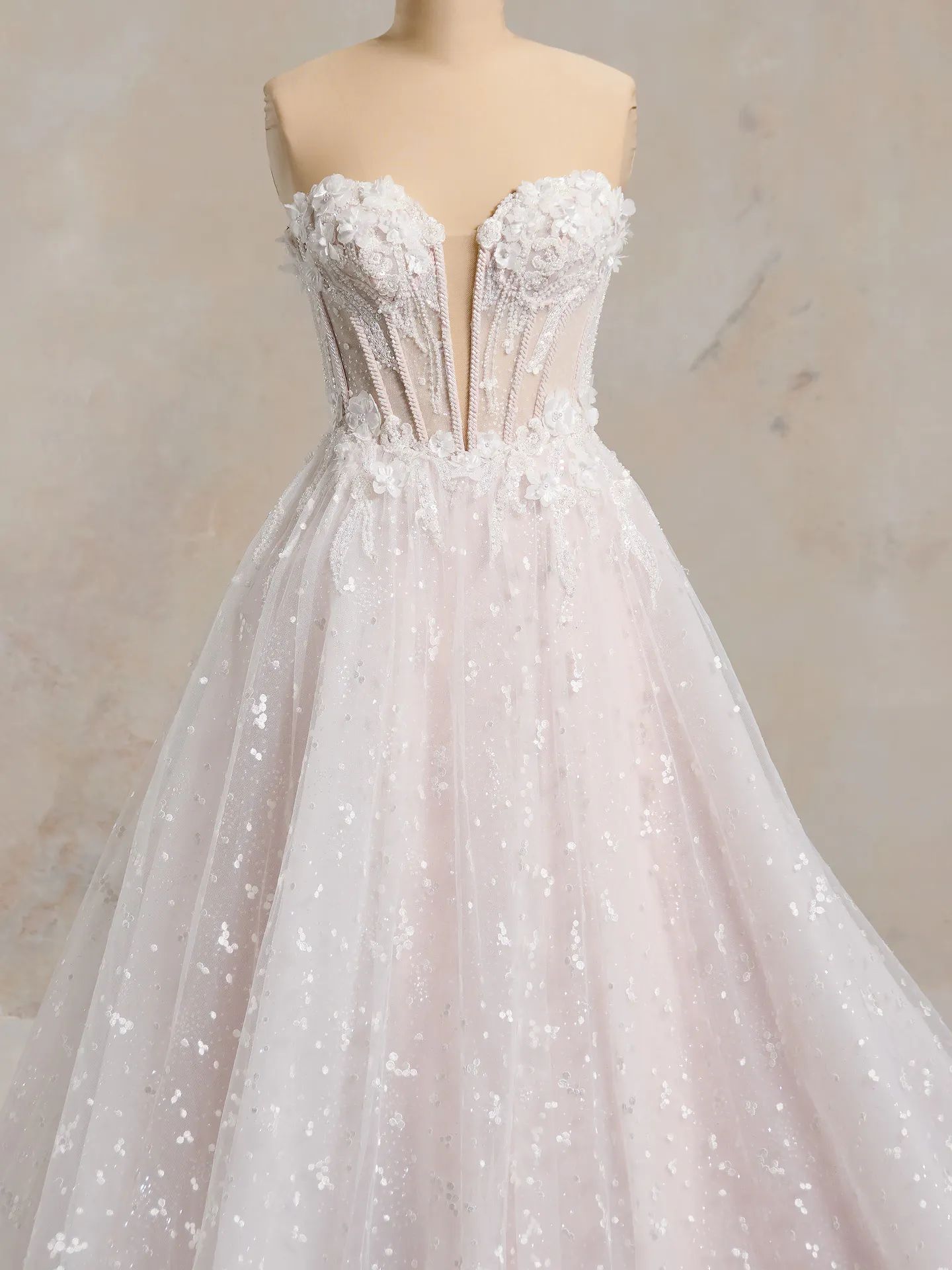 Dotted glitter tulle floral bridal dress front view