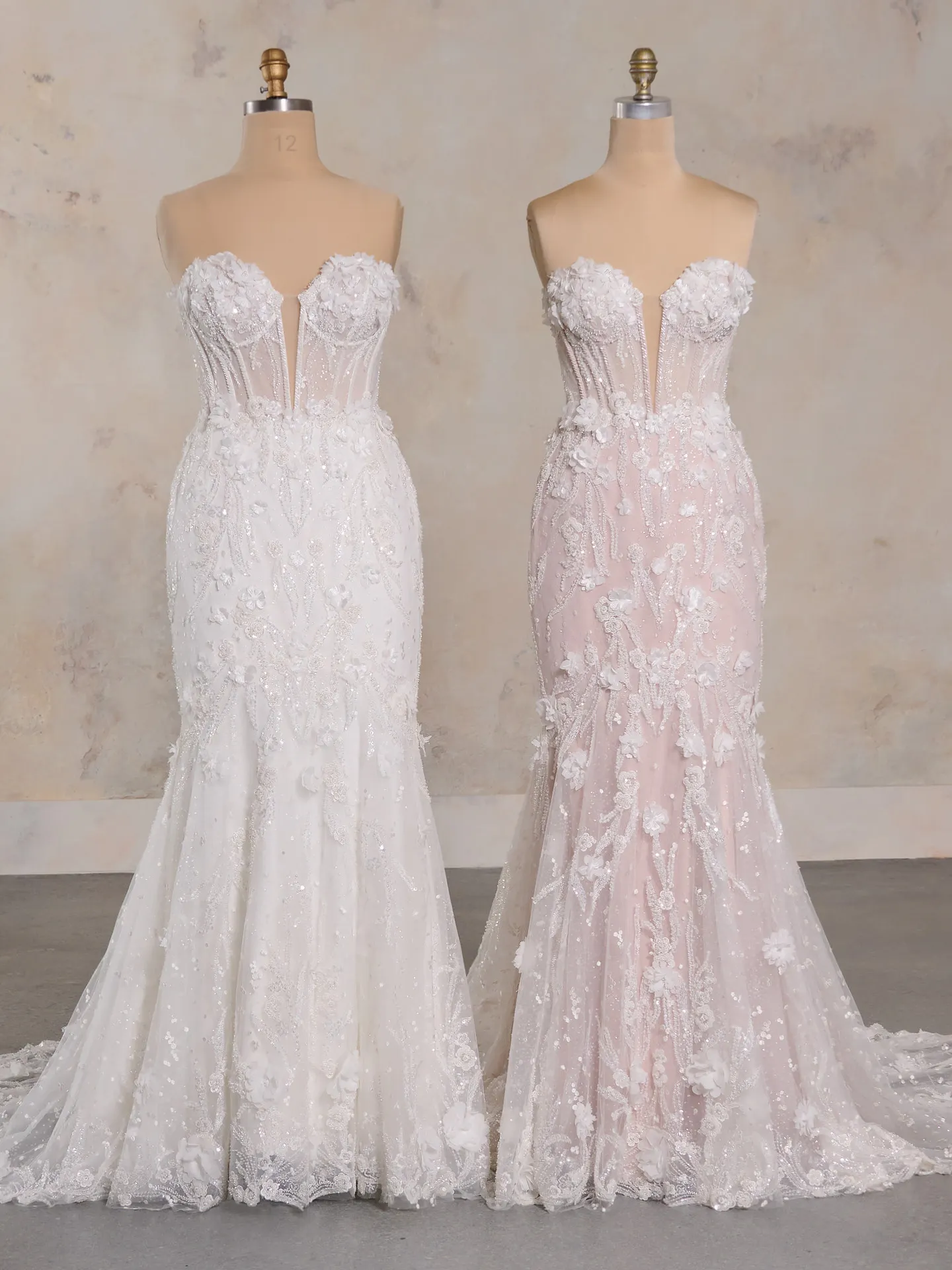 Athlone dotted glitter tulle floral dresses on mannequins, front view.
