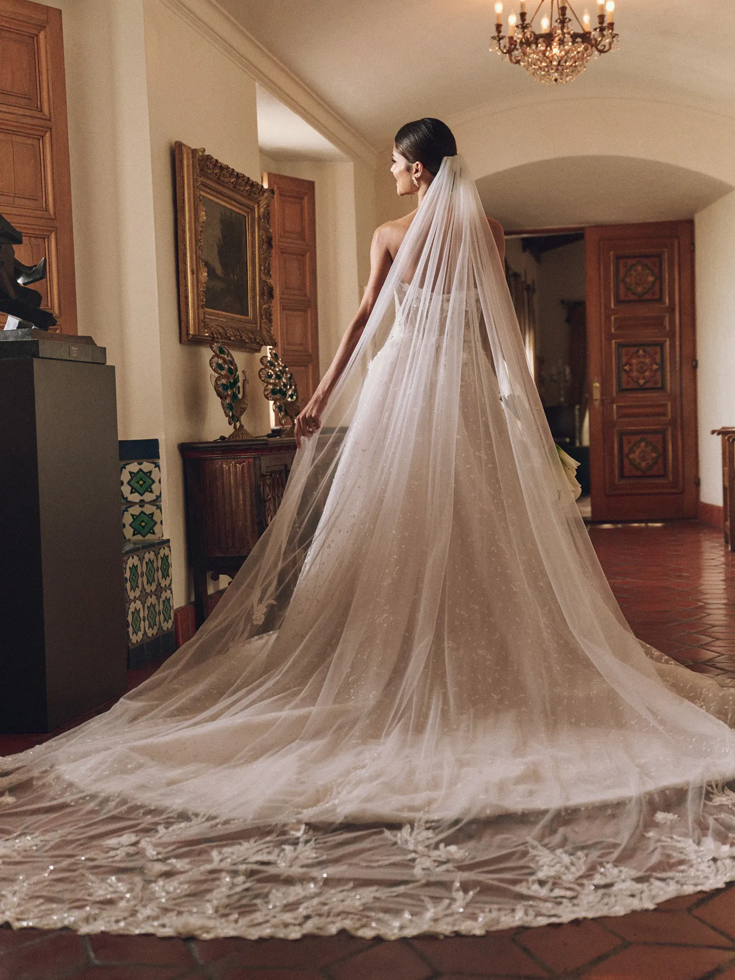 Sottero and Midgley dress back view with a cathedral veil and beaded lace motifs