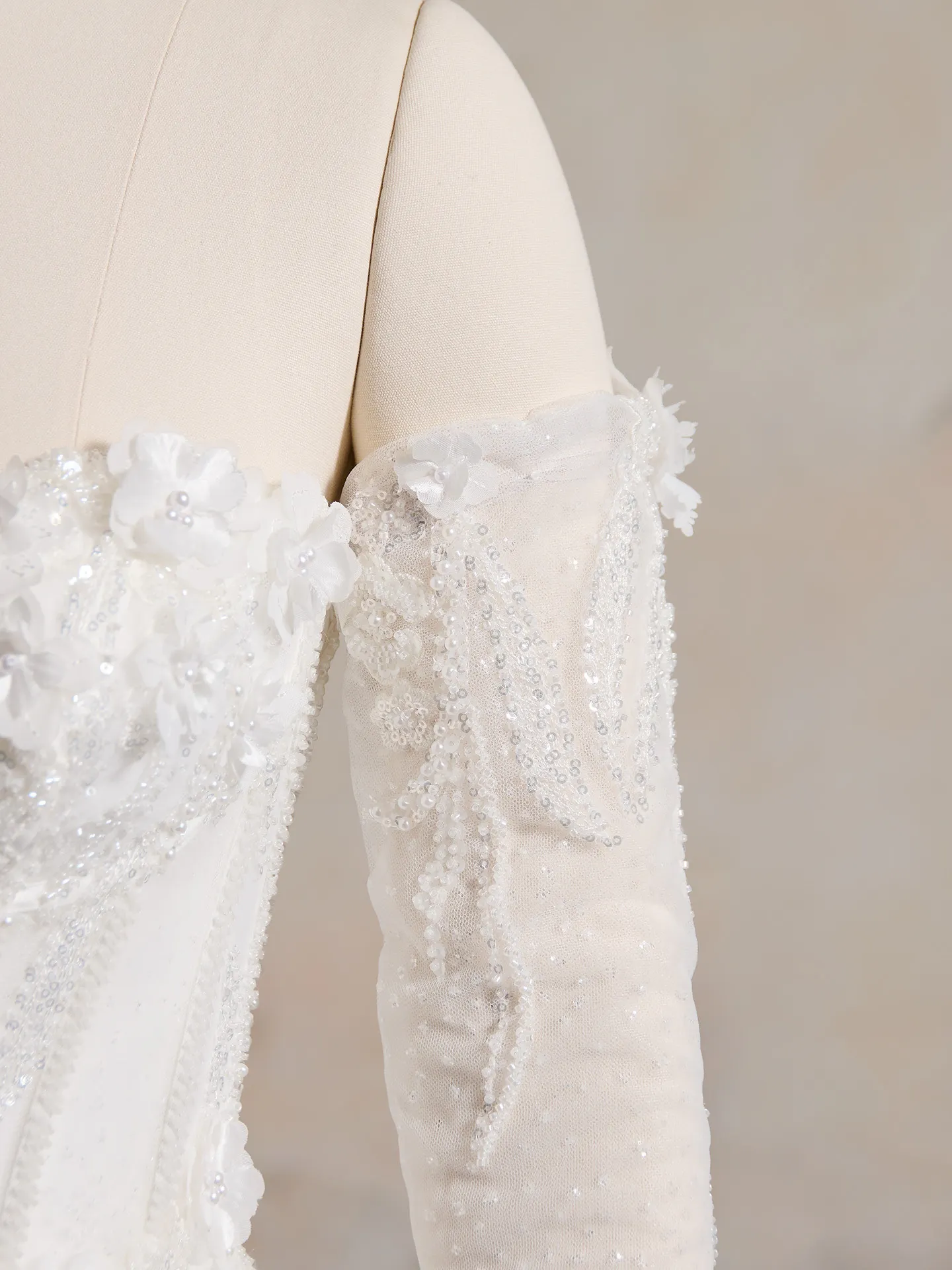 Fun Athlone dotted glitter tulle floral bridal dress sleeve detail.