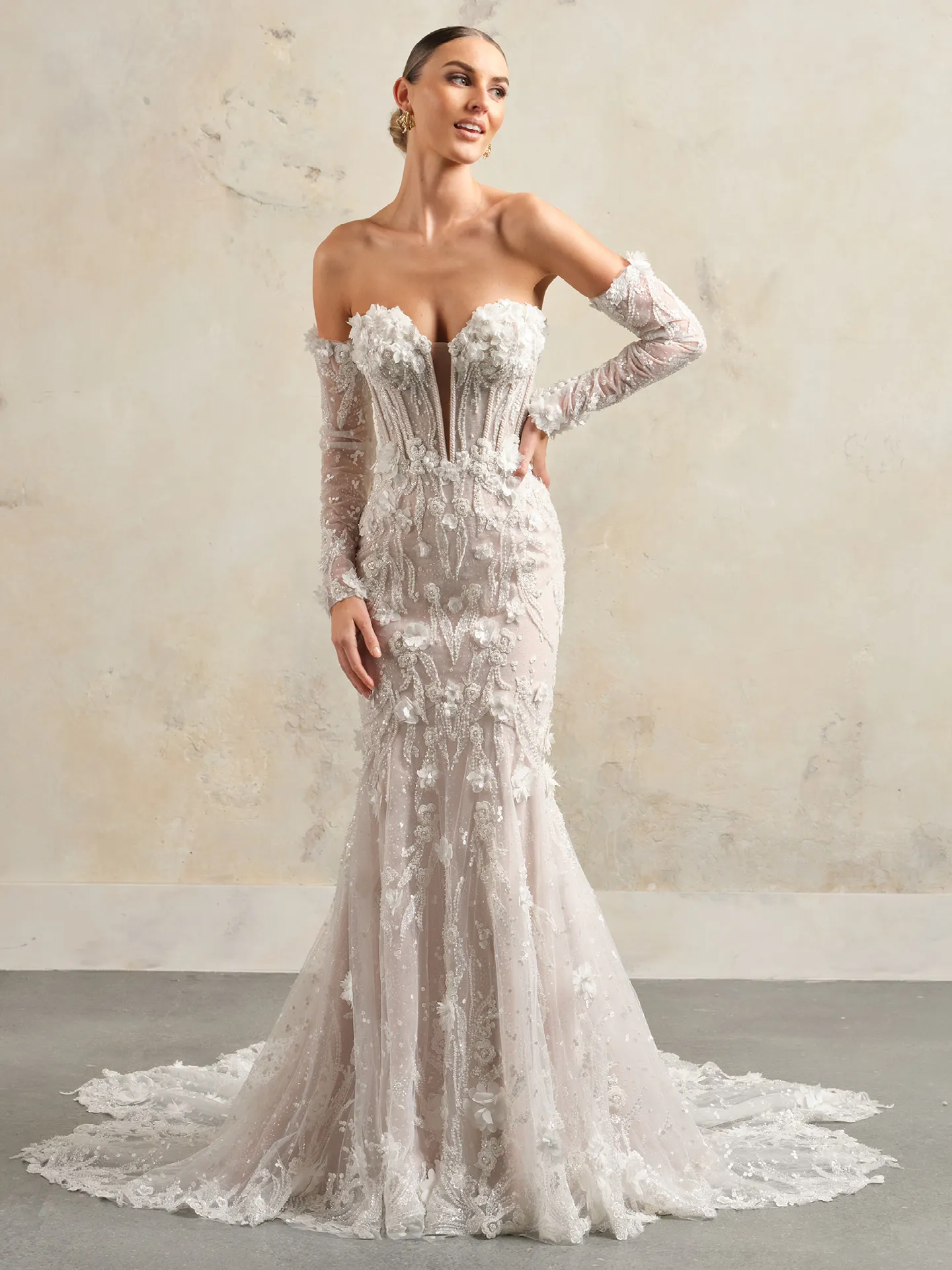Rebecca Ingram sparkling Athlone front view fit-and-flare gown with 3D floral details