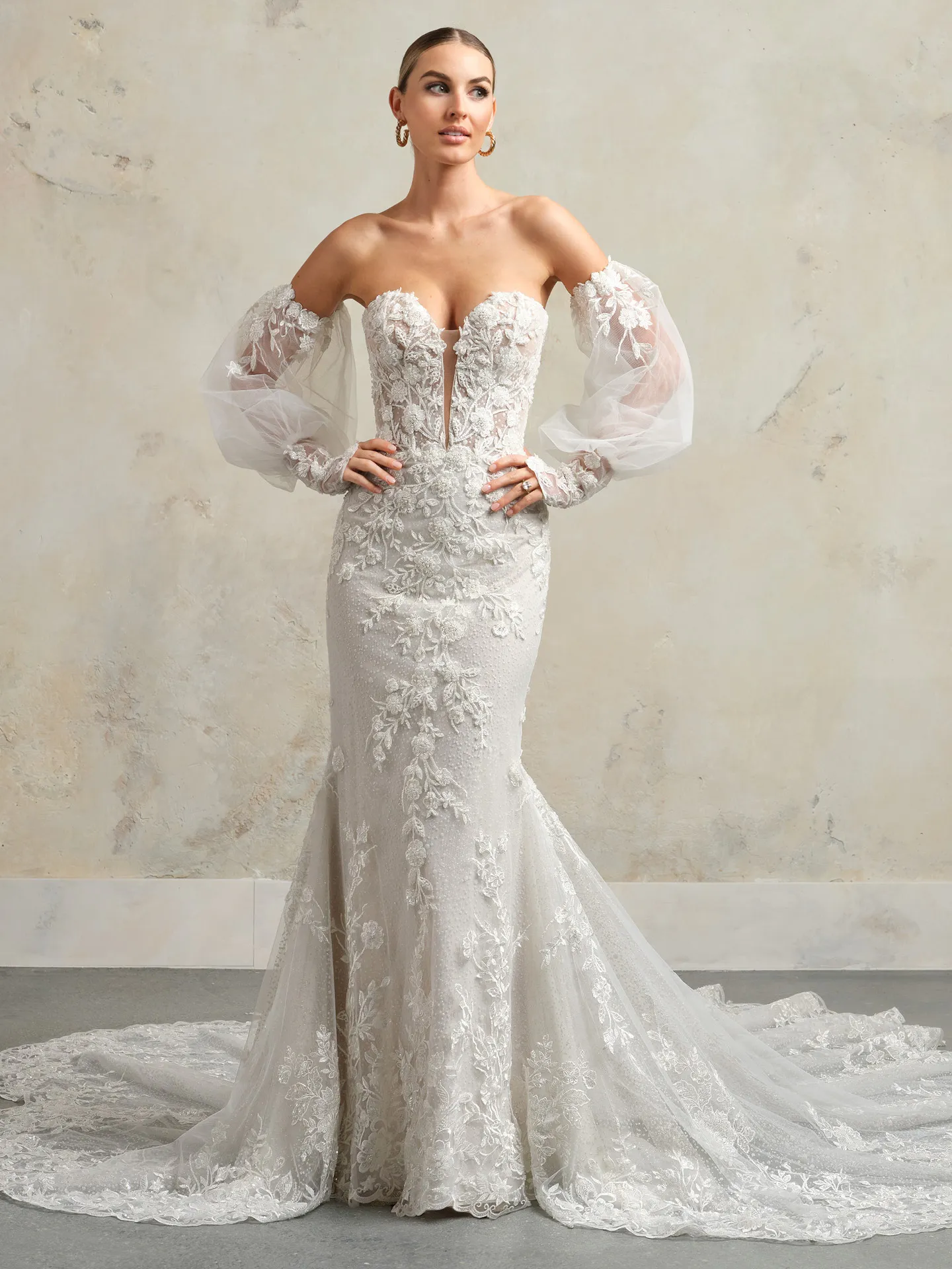 Rebecca Ingram Chesney front view lace wedding dress with illusion sweetheart neckline