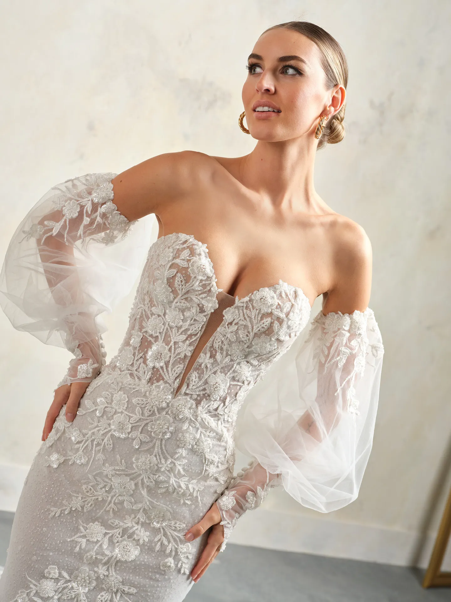 Chesney off-the-shoulder illusion lace dress with Juliet sleeves, front view.