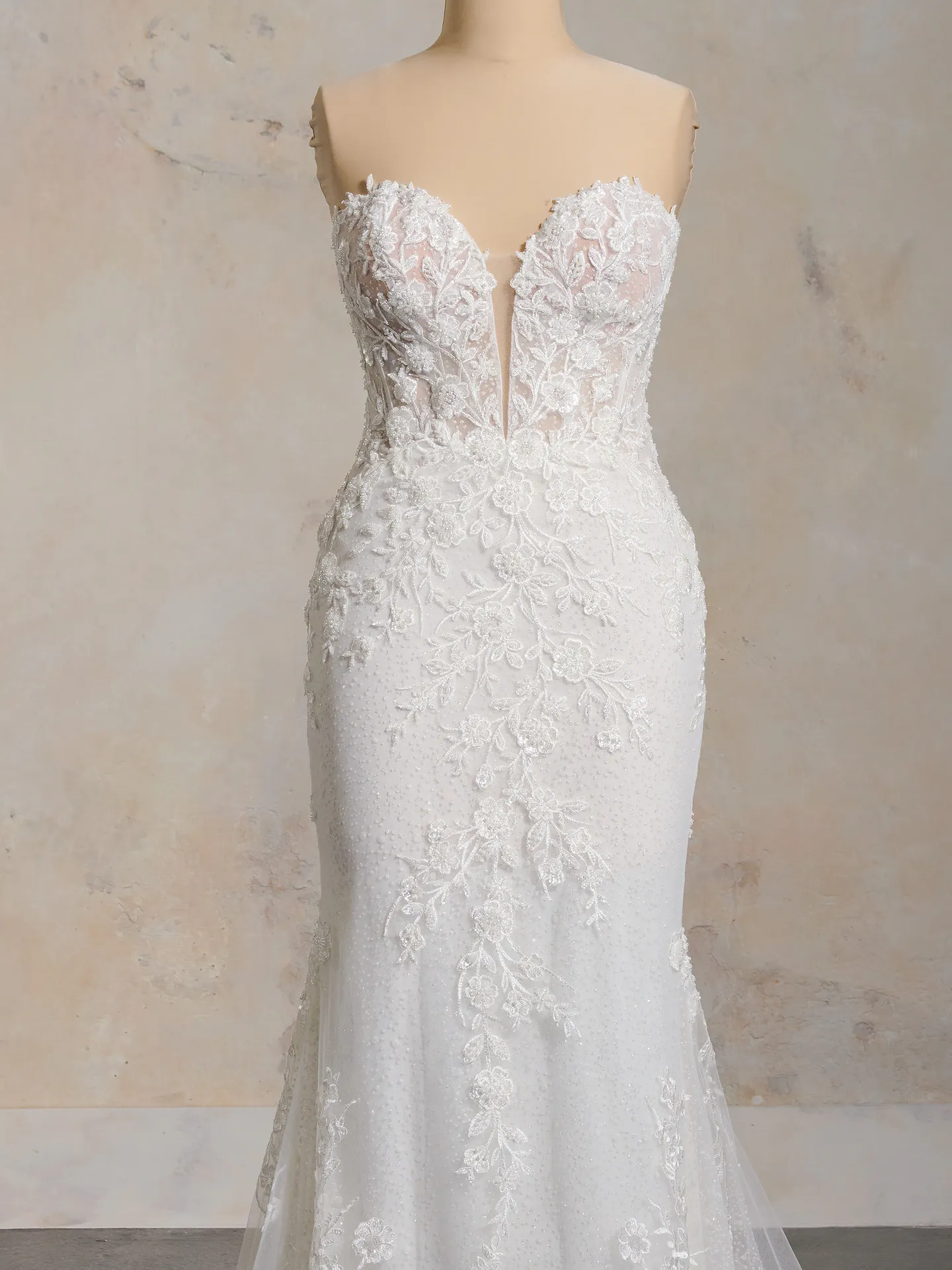 Rebecca Ingram Chesney sheath front view, illusion sweetheart neckline lace wedding dress