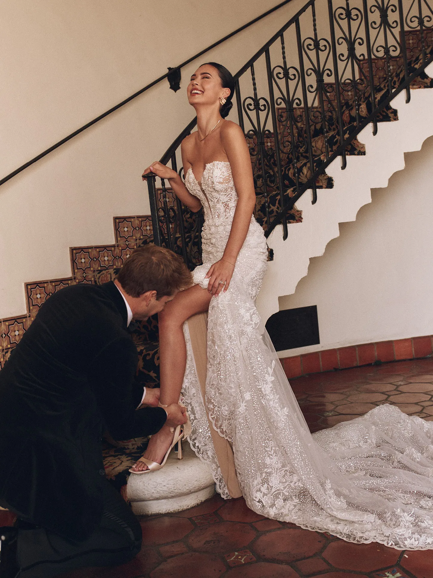 Maggie Sottero Chesney front view, illusion sweetheart neckline wedding dress, scenic staircase.