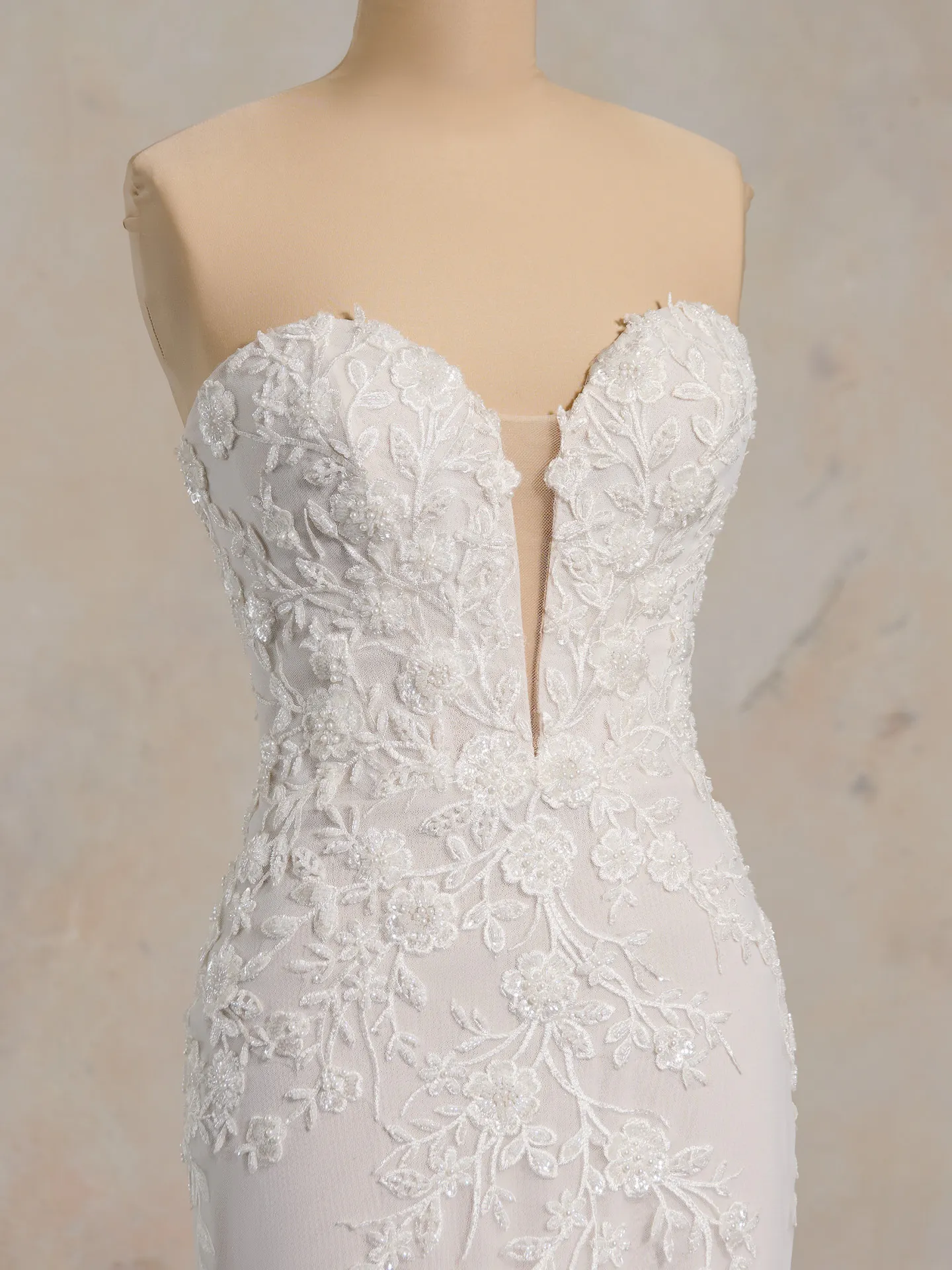 Chesney sweetheart neckline illusion lace floral embroidery front view.