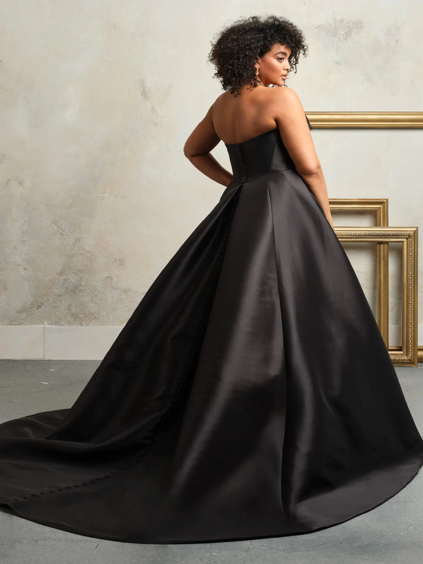 Rebecca Ingram strapless black Mikado gown back view