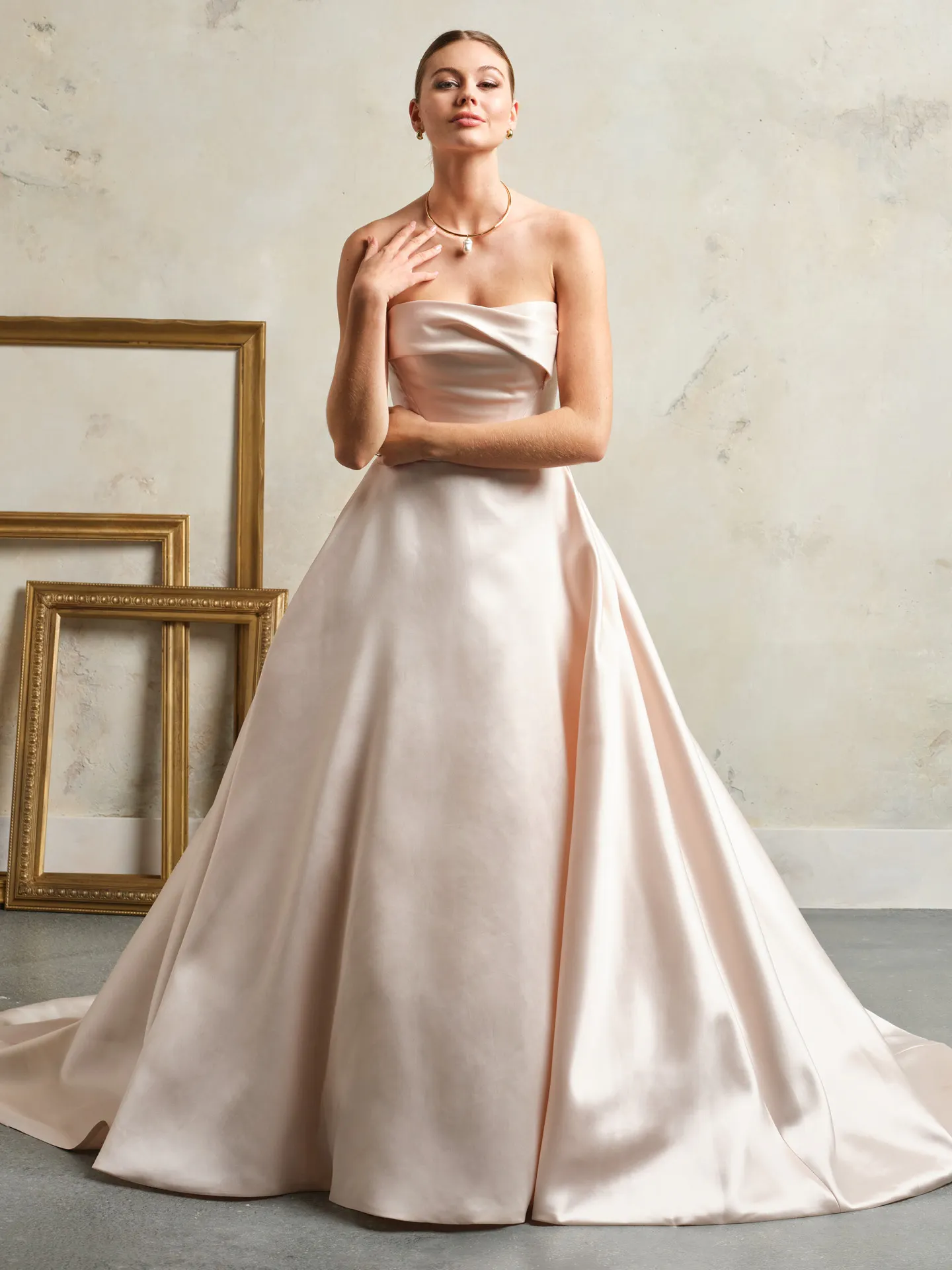 Rebecca Ingram strapless asymmetrical mikado gown front view