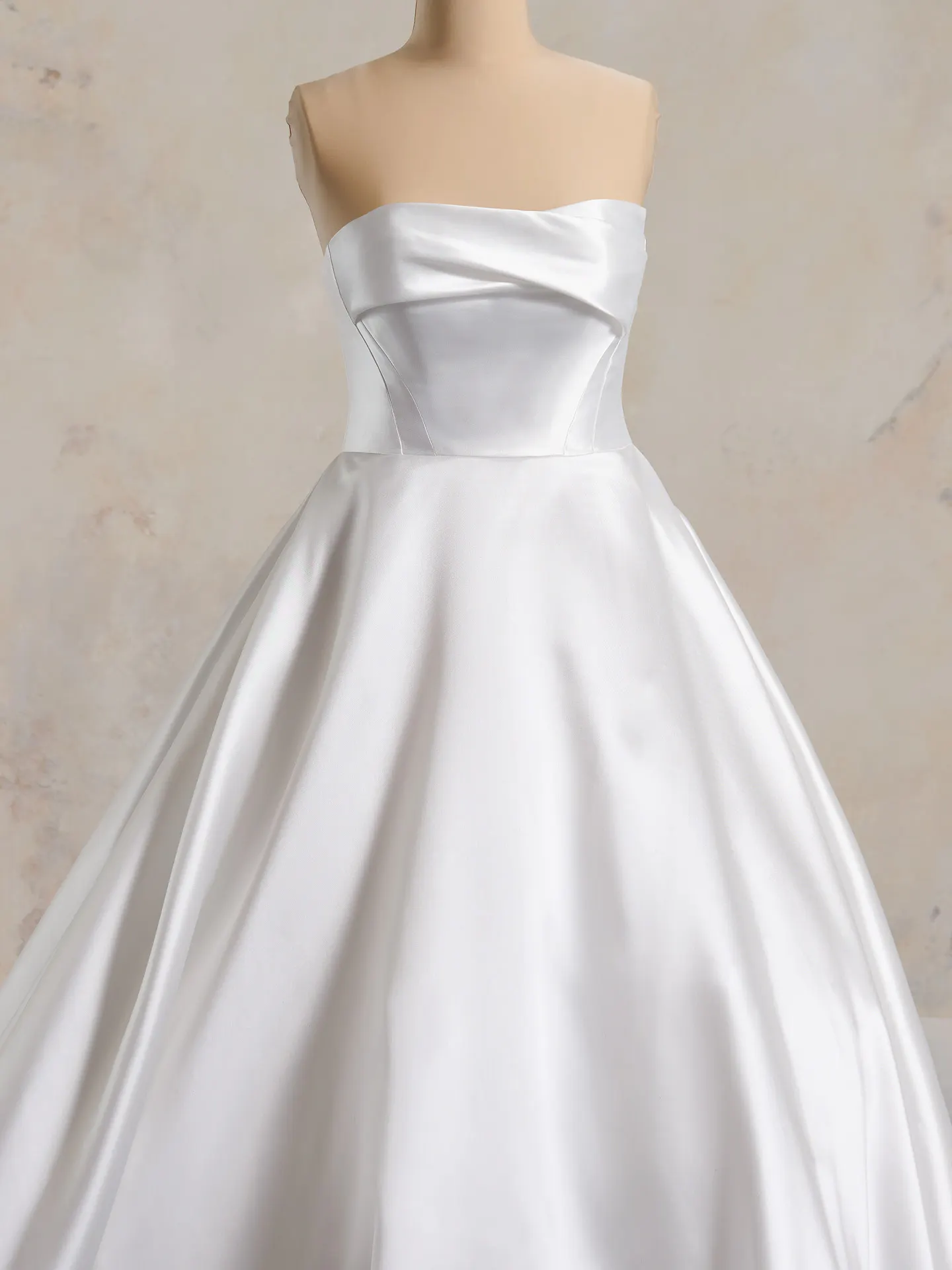 Strapless asymmetrical draped mikado bridal gown front view