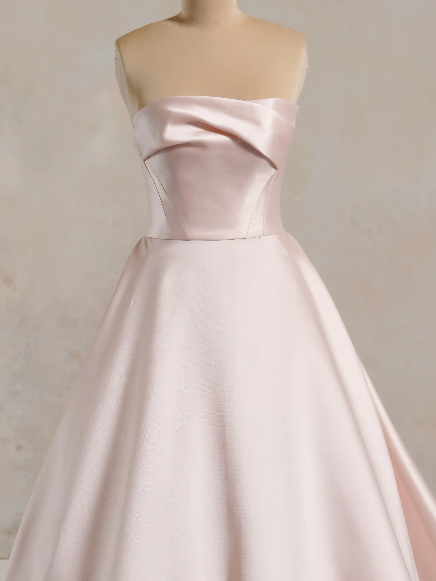 Sottero and Midgley strapless asymmetrical draped Mikado gown front view