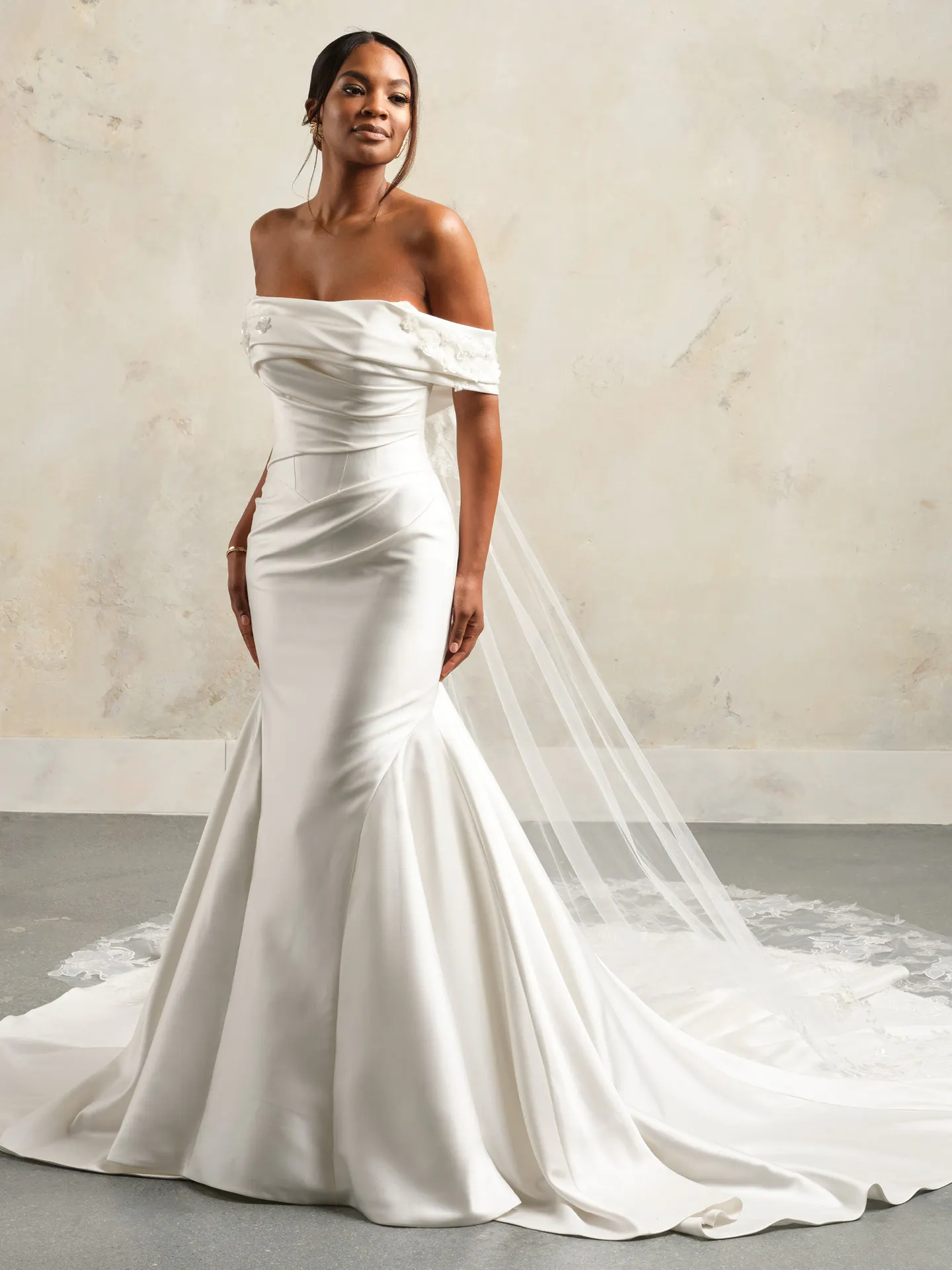 Rebecca Ingram satin gown front view with sequined illusion lace train