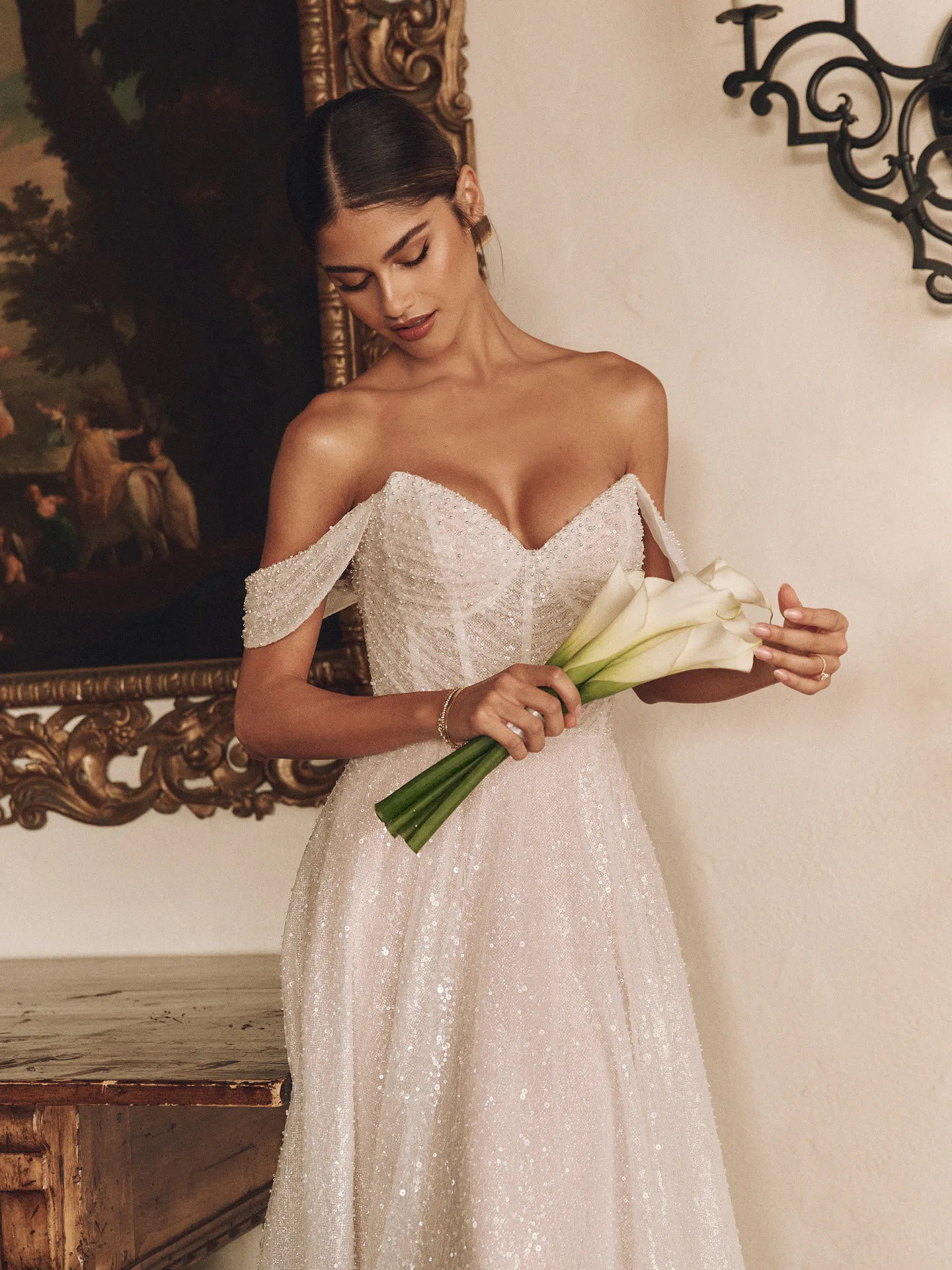 Rebecca Ingram Monica front view off-the-shoulder bridal gown