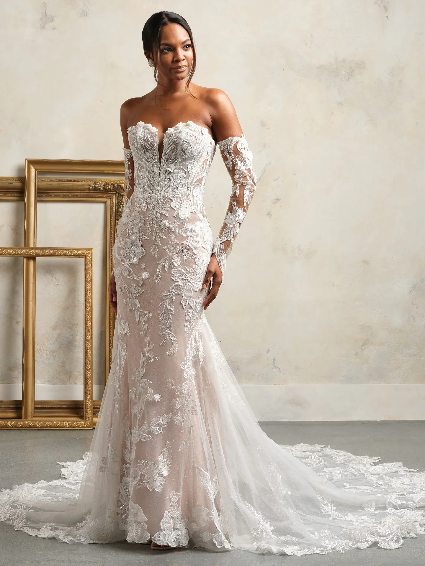 Nyjah lace wedding dress front view with scalloped sparkle details.