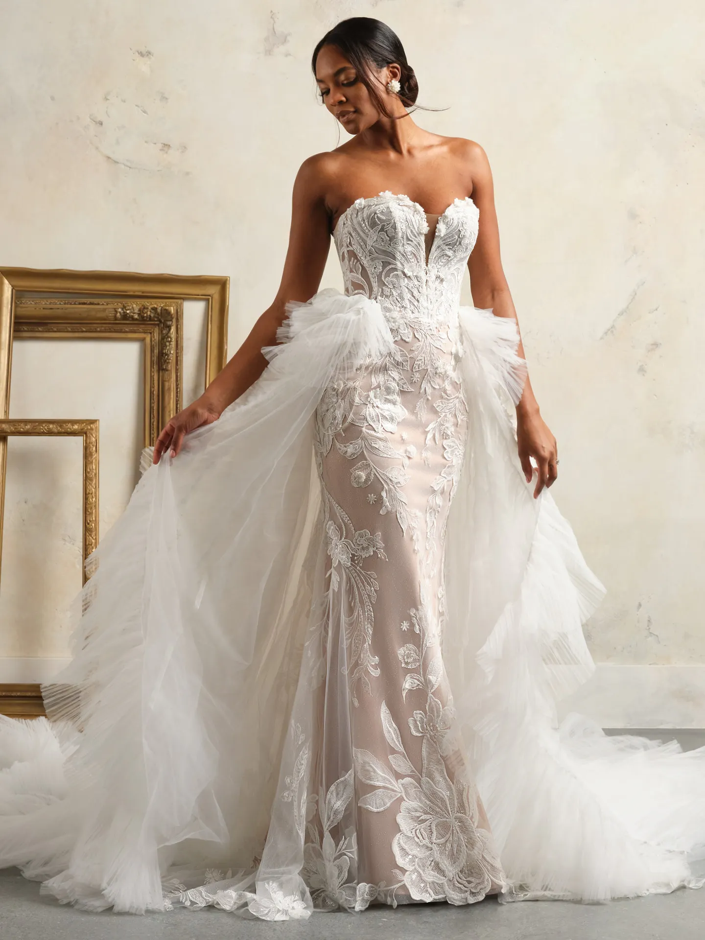 Rebecca Ingram Nyjah front view lace wedding dress with tulle wings