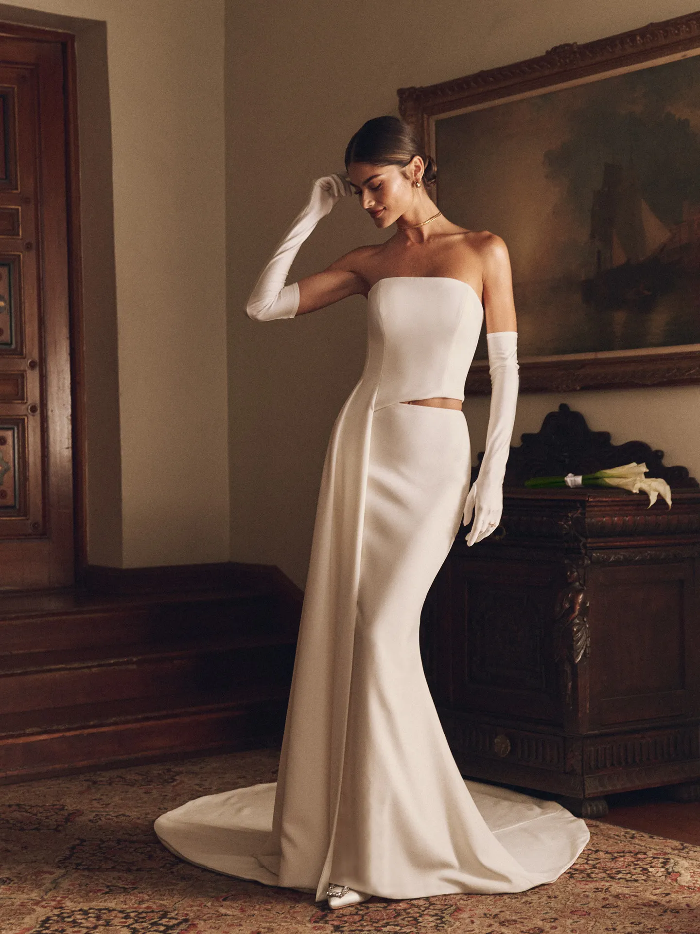 two piece asymmetrical dress Divine Sakura Two-Piece Bridal Size:UK14 57 Model is wearing split front prom dresses Floral Sequin Evening Gown