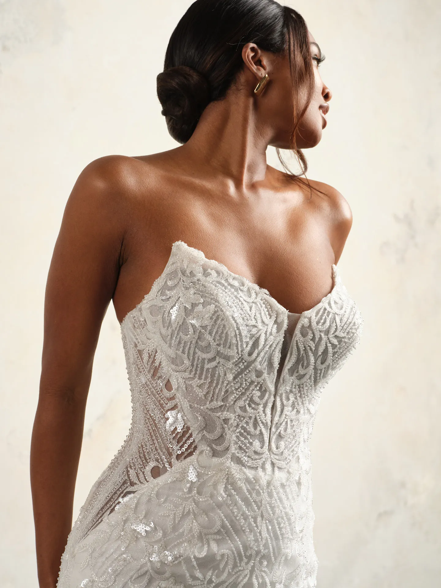 Beaded Sorrento strapless wedding gown side view