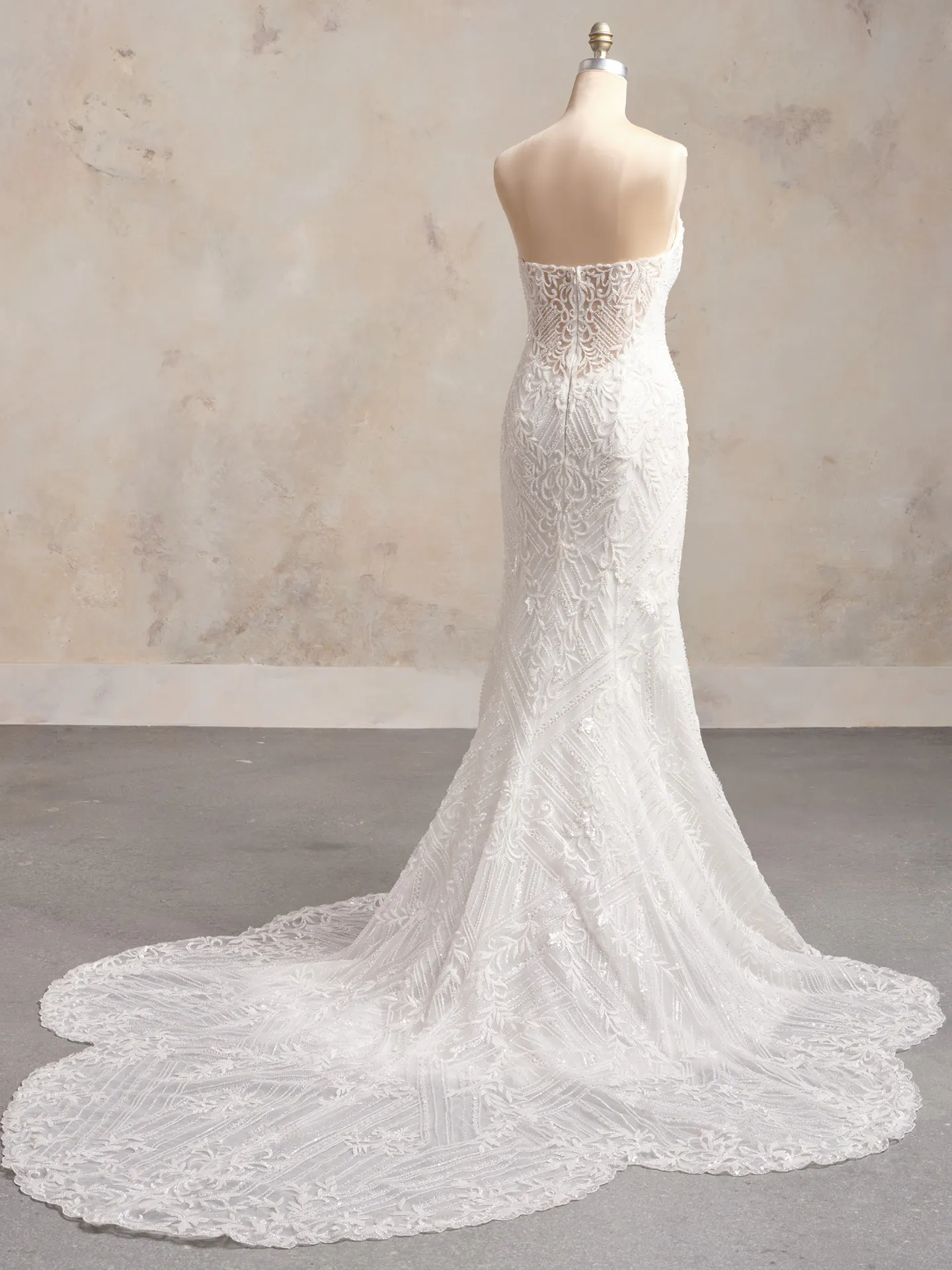 Beaded Sorrento strapless gown back view with lace train