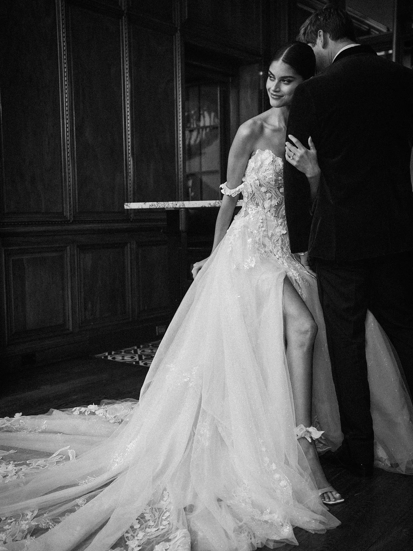 Sottero and Midgley Wicklow front view 3-D floral side slit bridal dress