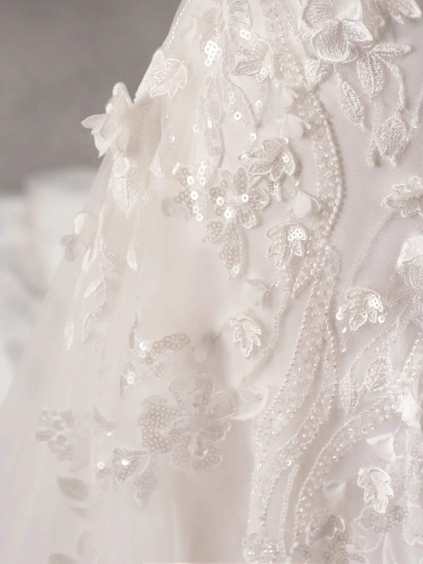 3D floral detail on wedding dress, Maggie Sottero, side view