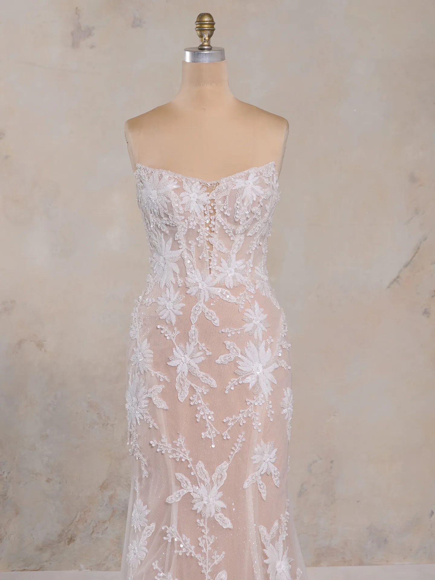 Madrona sheer strapless lace corset wedding dress front view