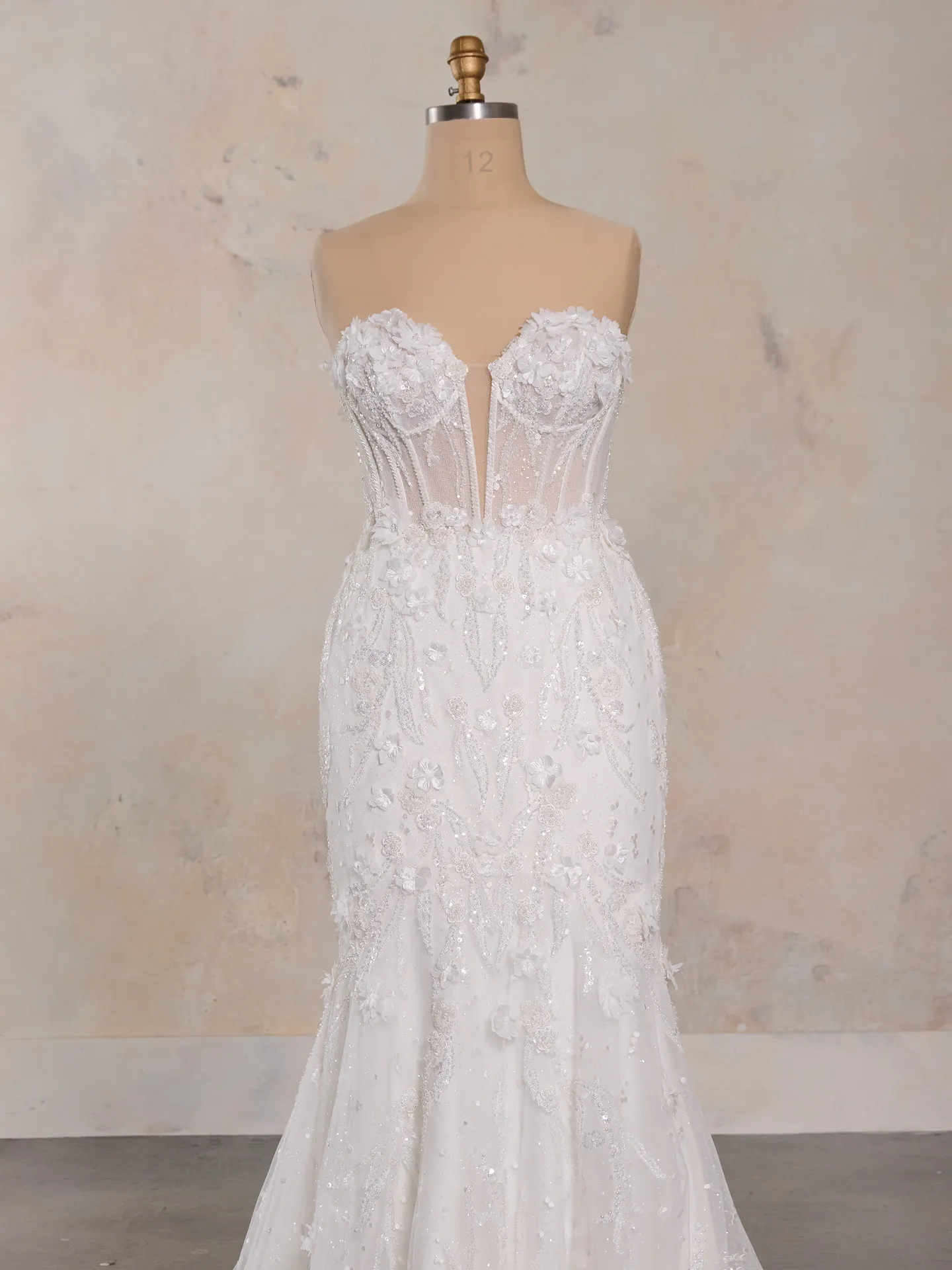 Maggie Sottero dotted glitter tulle floral bridal dress front view