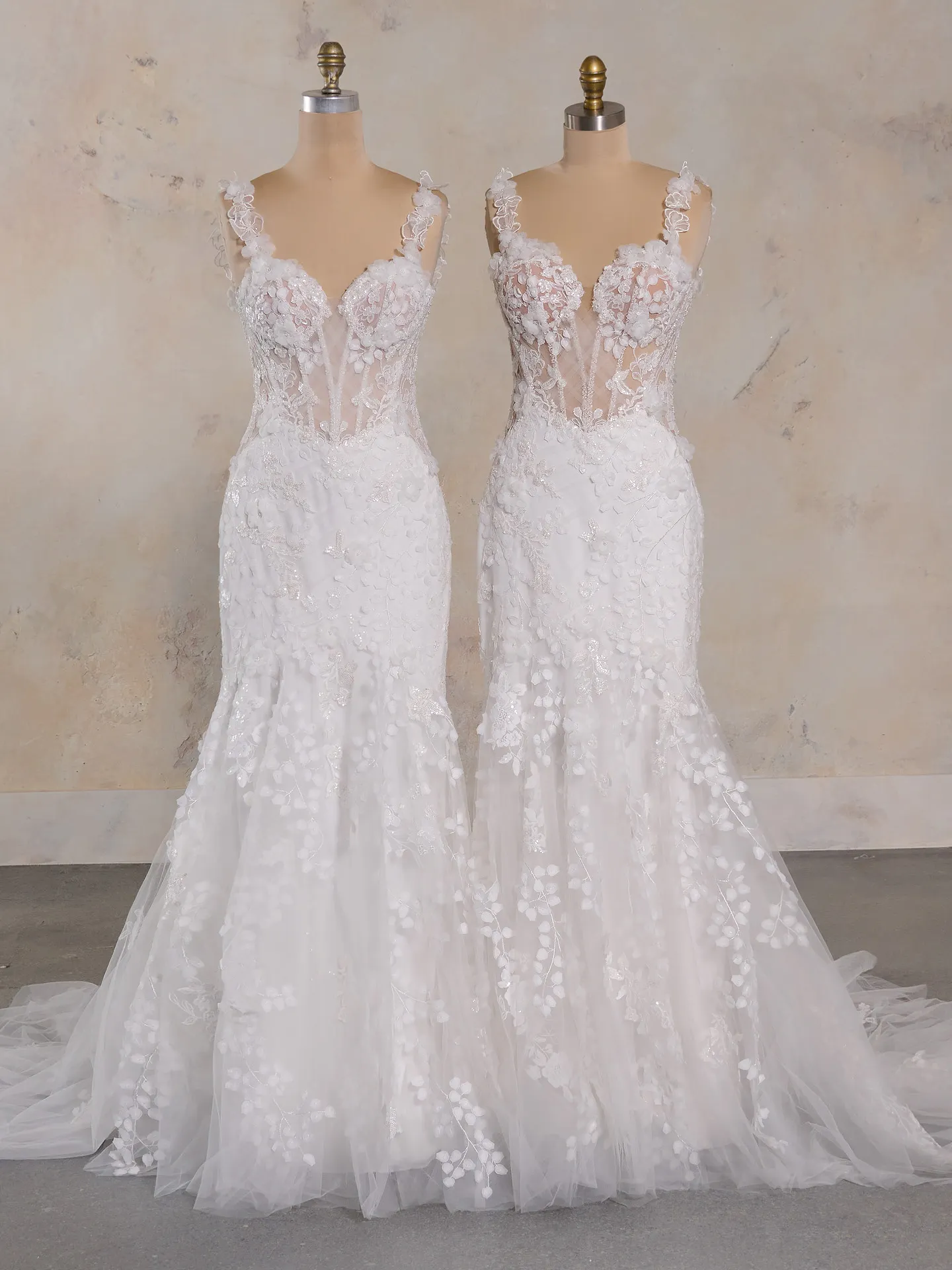 Kellen crisscross tulle wedding gown with floral lace detail front view.