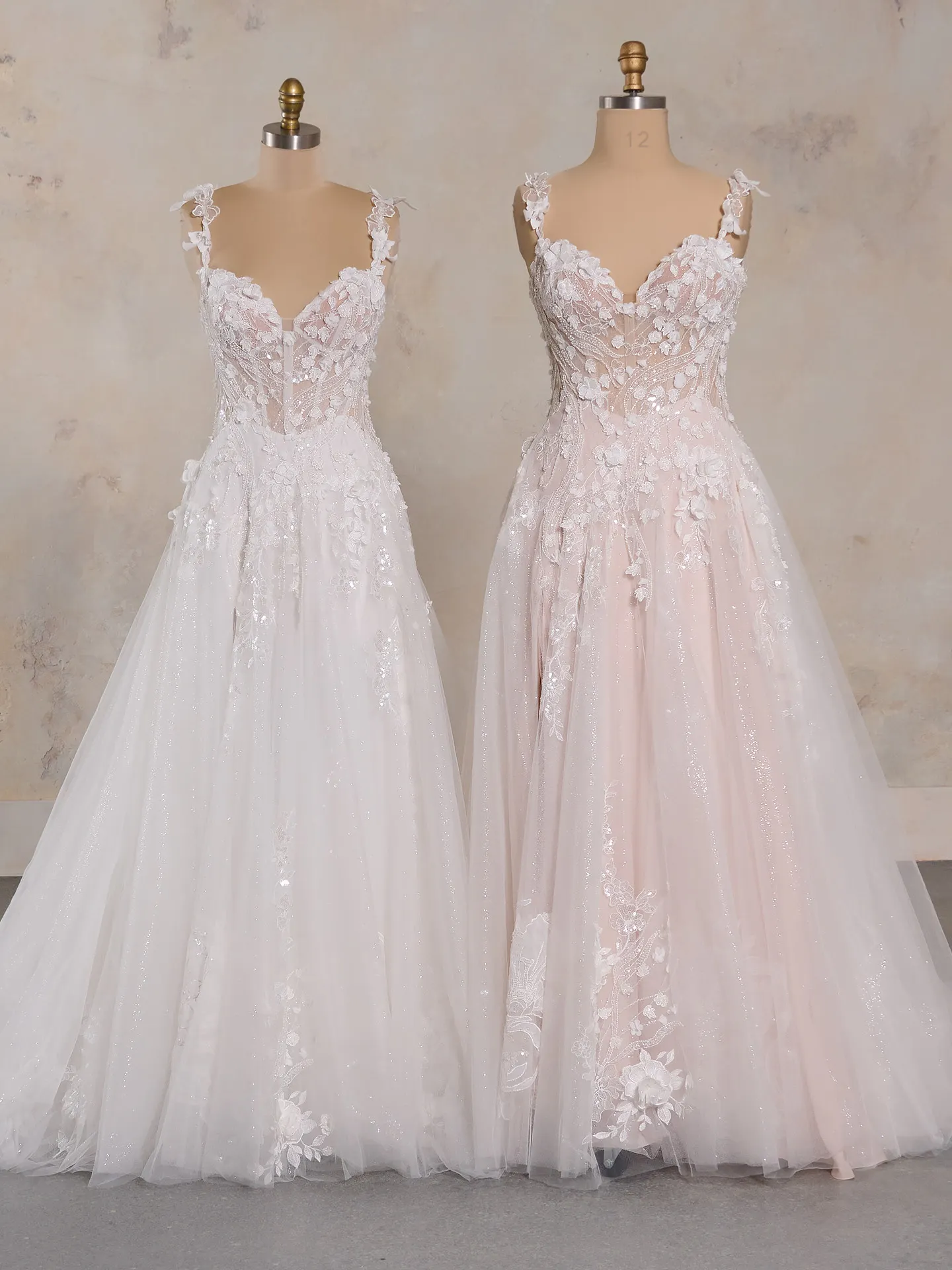 Maggie Sottero Wicklow floral bridal dresses, front view.