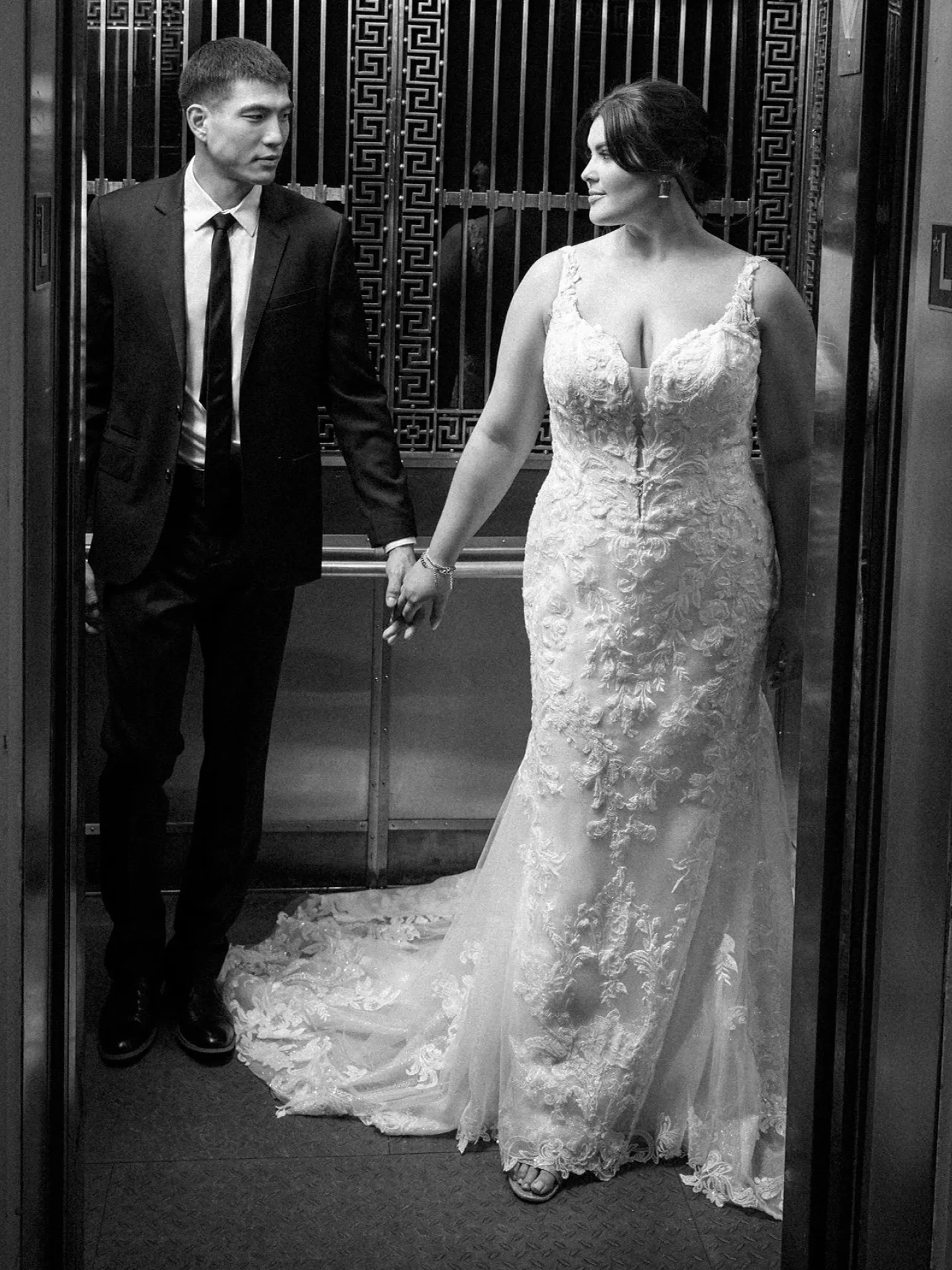 Maggie Sottero mermaid wedding gown front view in elevator