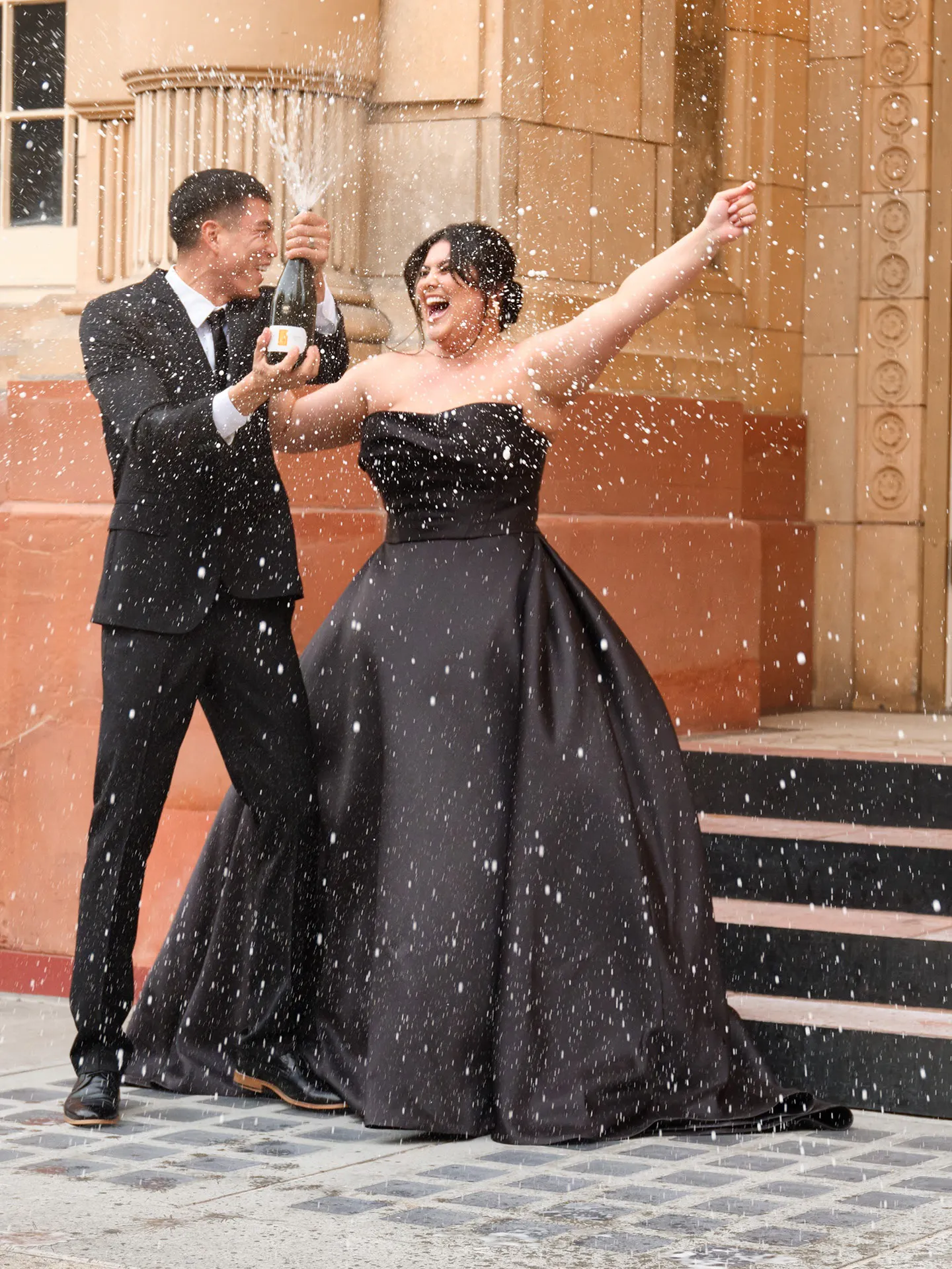 black strapless asymmetrical dress Faro Draped Mikado Bridal Gown cascading ruffle accents Ember mini dress Color:Gray Melange