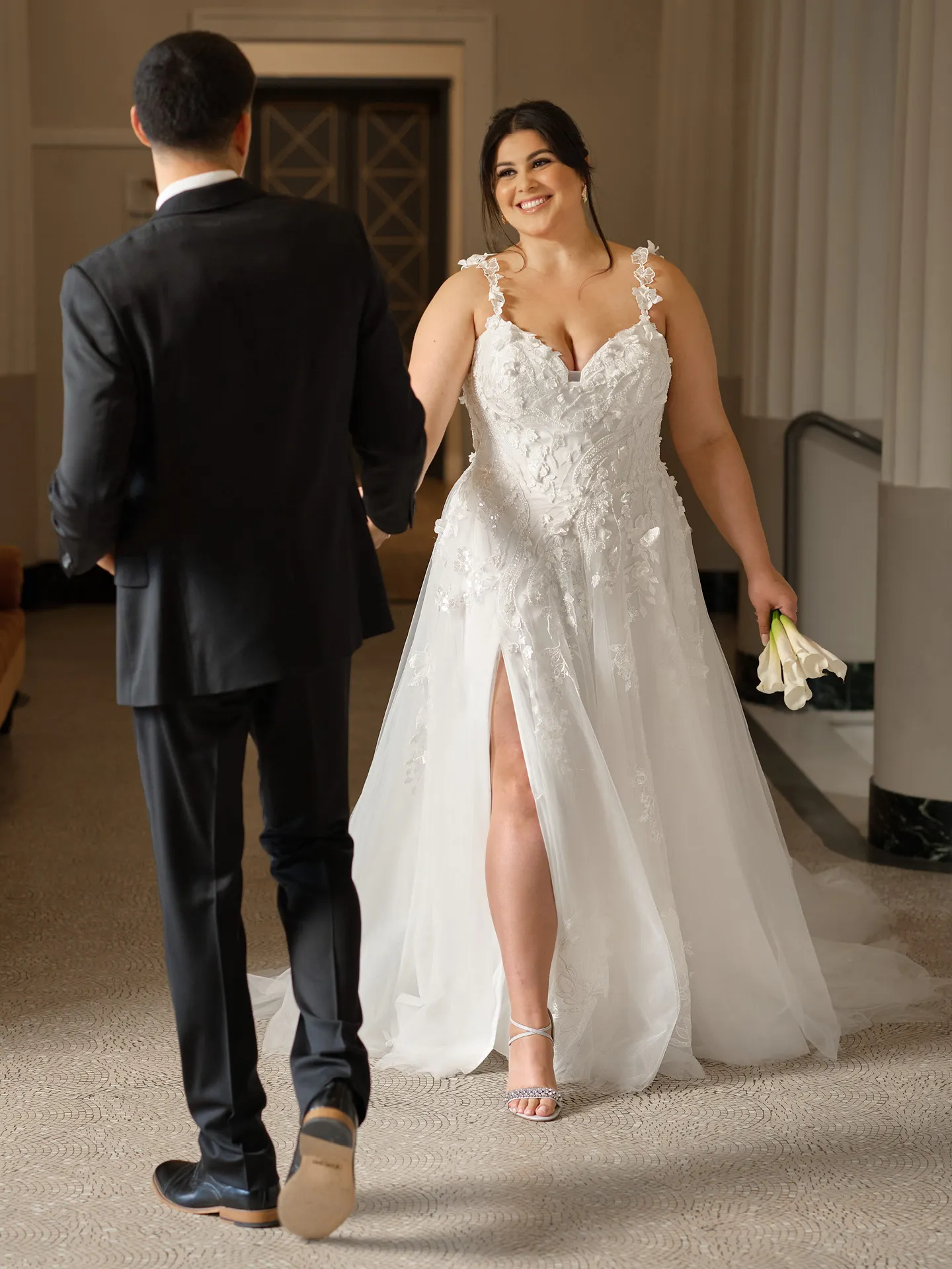 Maggie Sottero 3D floral side slit dress front view