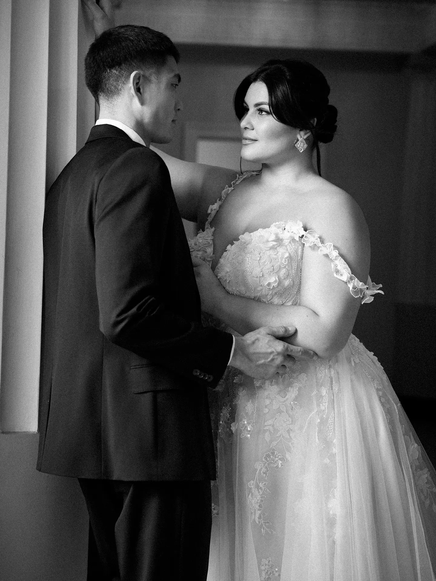 Rebecca Ingram floral bridal dress with side slit, front view.