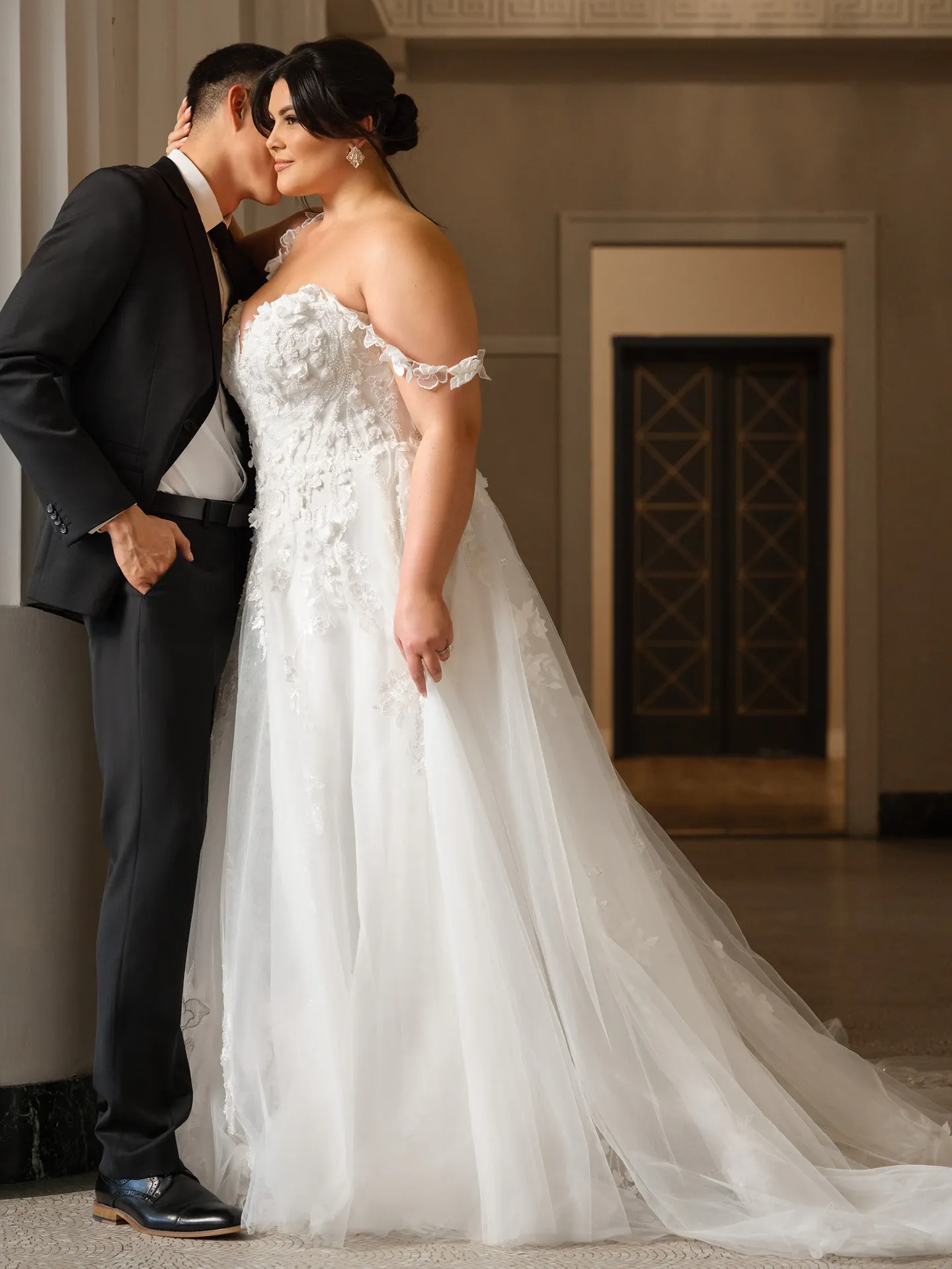 Rebecca Ingram Wicklow front view floral side slit bridal dress
