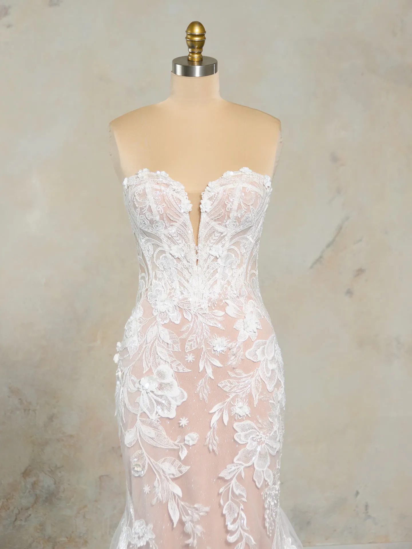 Rebecca Ingram Nyjah front view scalloped sparkling lace wedding dress.