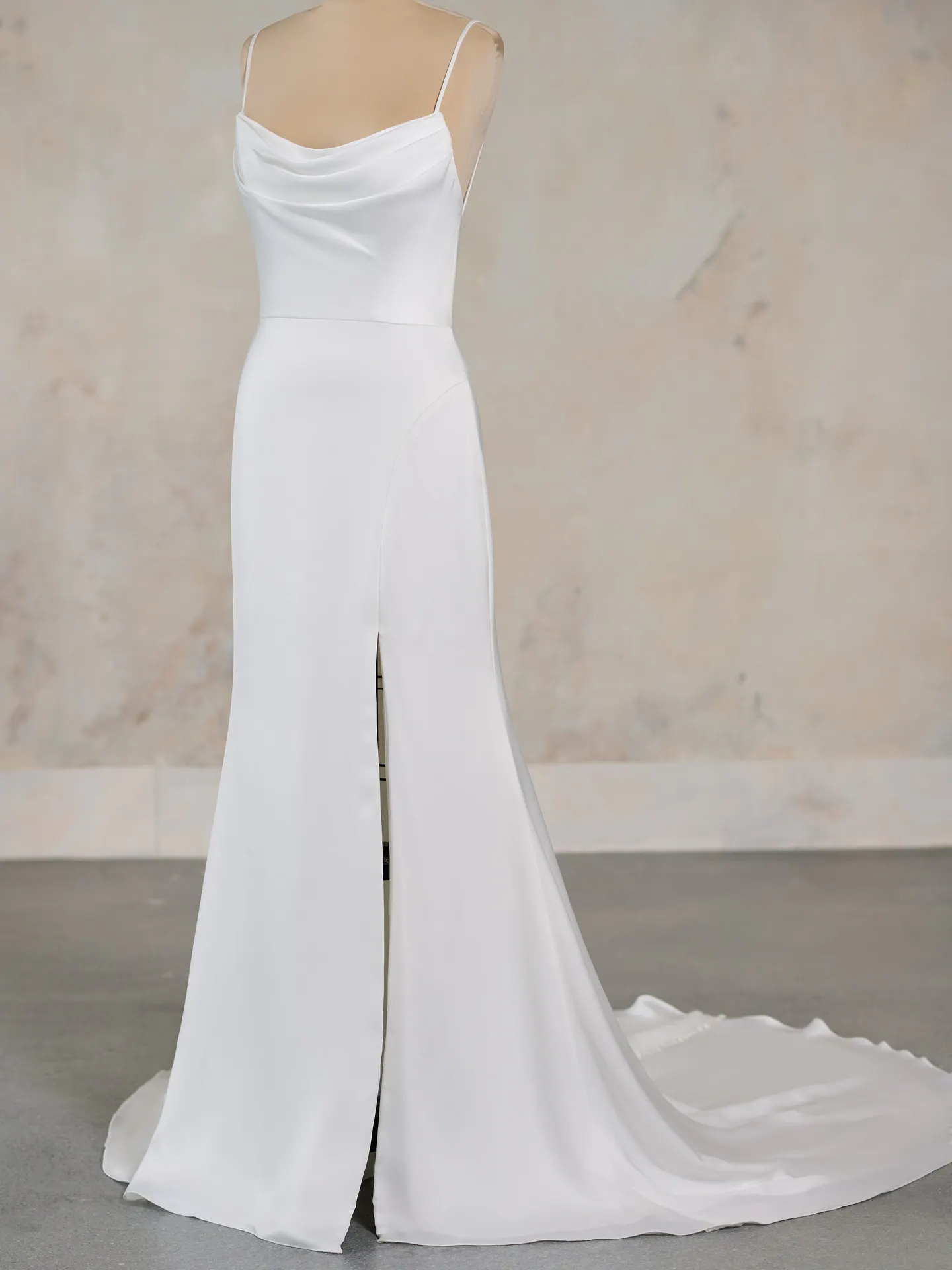 Rebecca Ingram Jett crepe dress back view with cowl neck and spaghetti straps