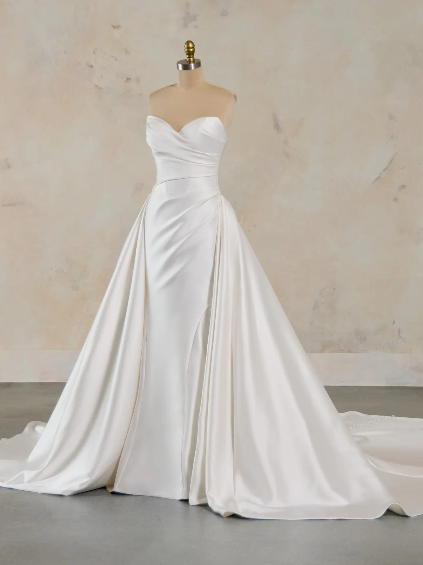 Sottero and Midgley Giselle front view strapless A-line satin gown with detachable train