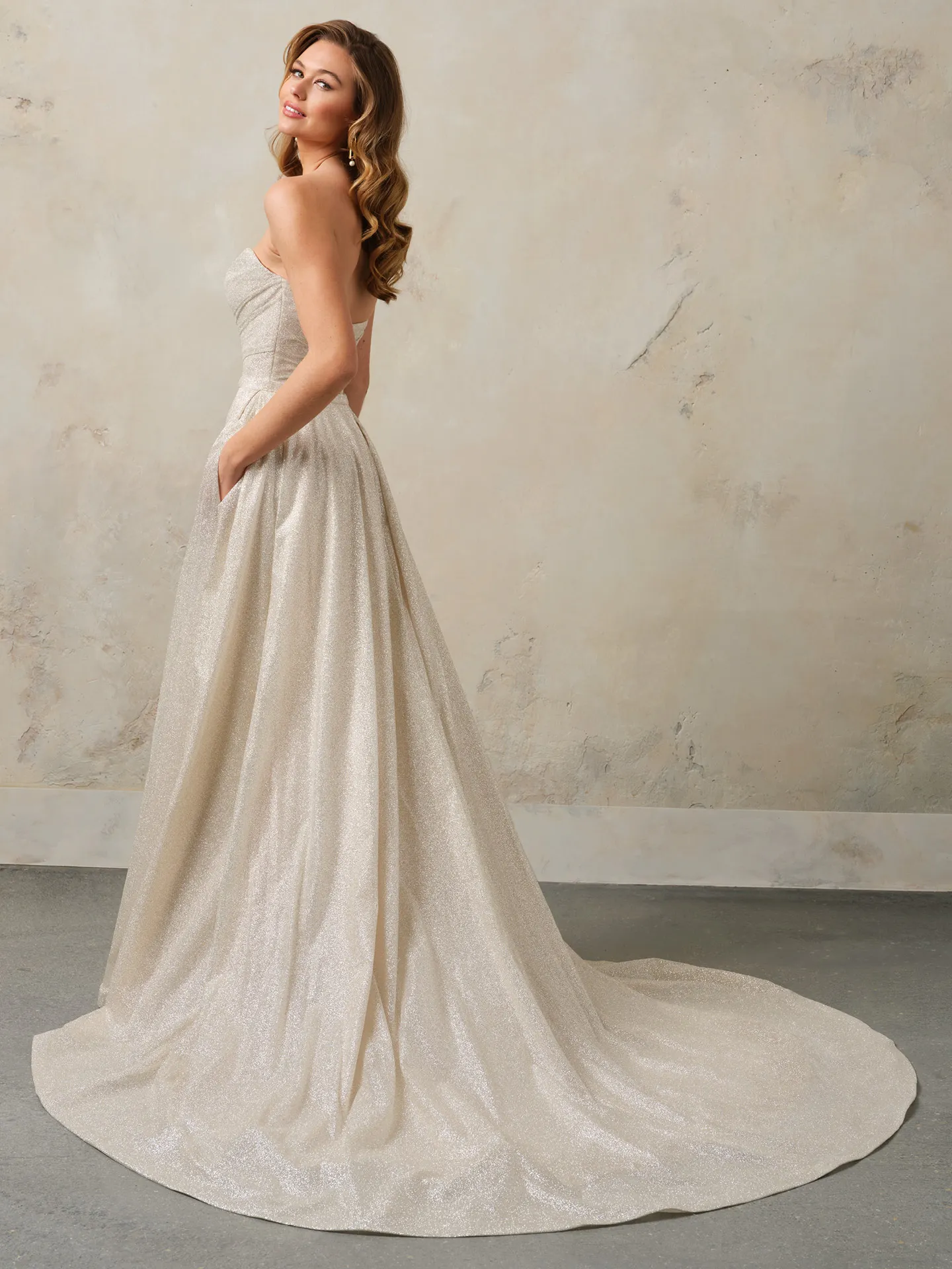 Rebecca Ingram Anniston Lane side view, champagne glitter tulle with detachable train