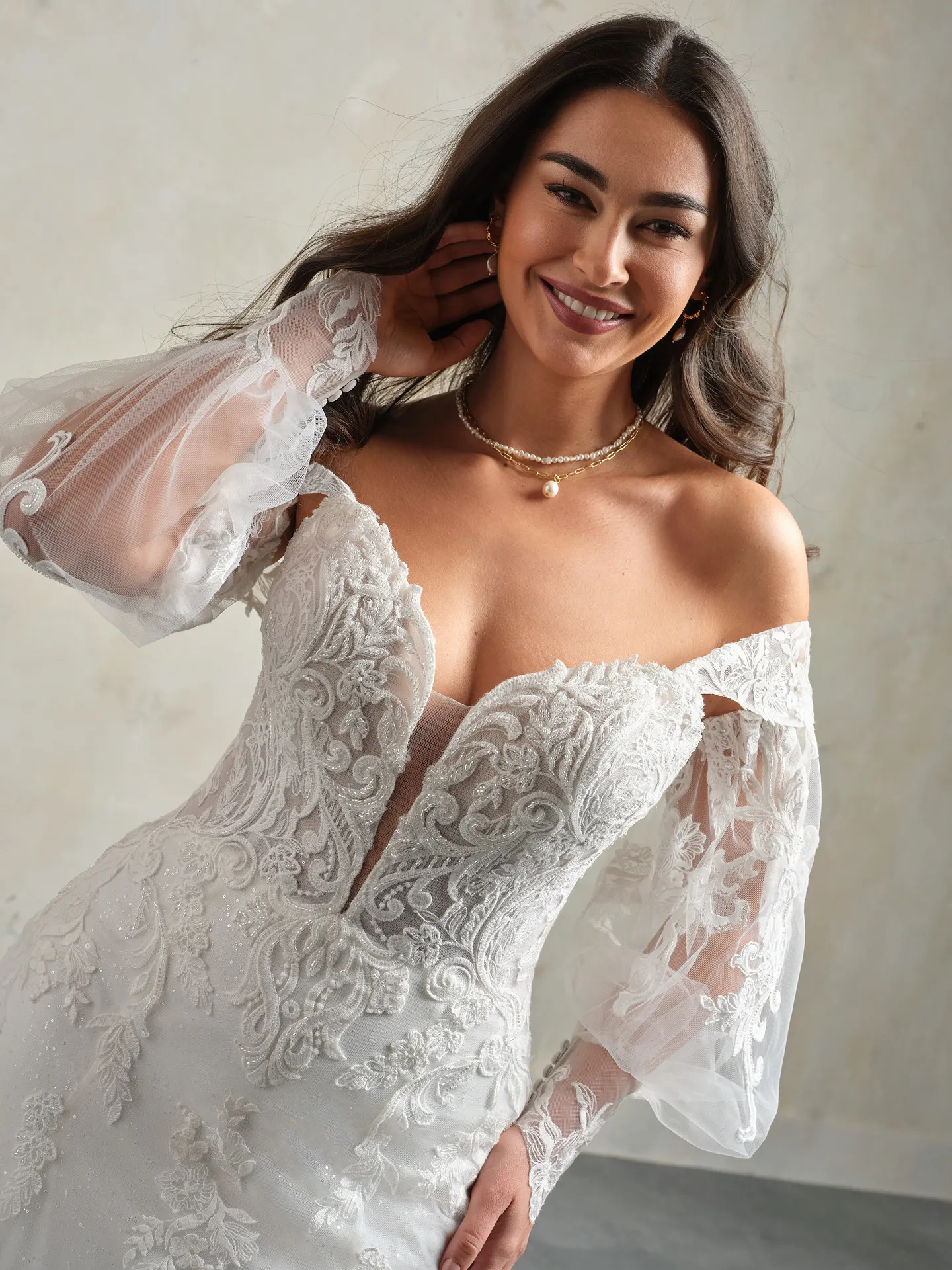 Kyler front view lace off-the-shoulder wedding dress with balloon sleeves