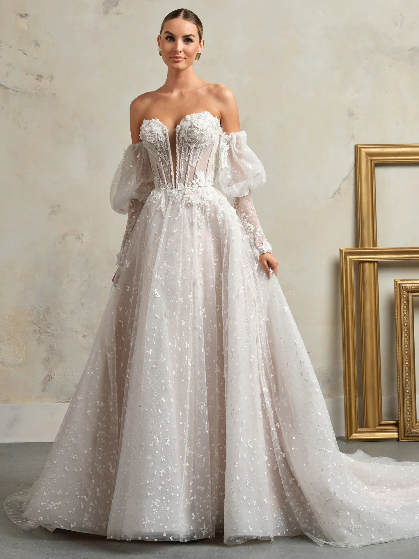 Rebecca Ingram dress front view off-shoulder 3-D lace Juliet sleeves