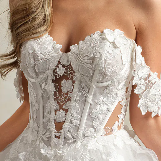 Maggie Sottero Angelette front view, floral lace details, flowy princess style.