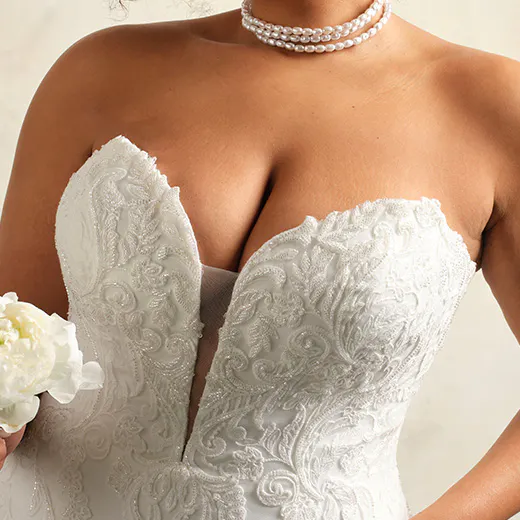 Maggie Sottero Kyler front view A-line dress with lace detail and sweetheart neckline.